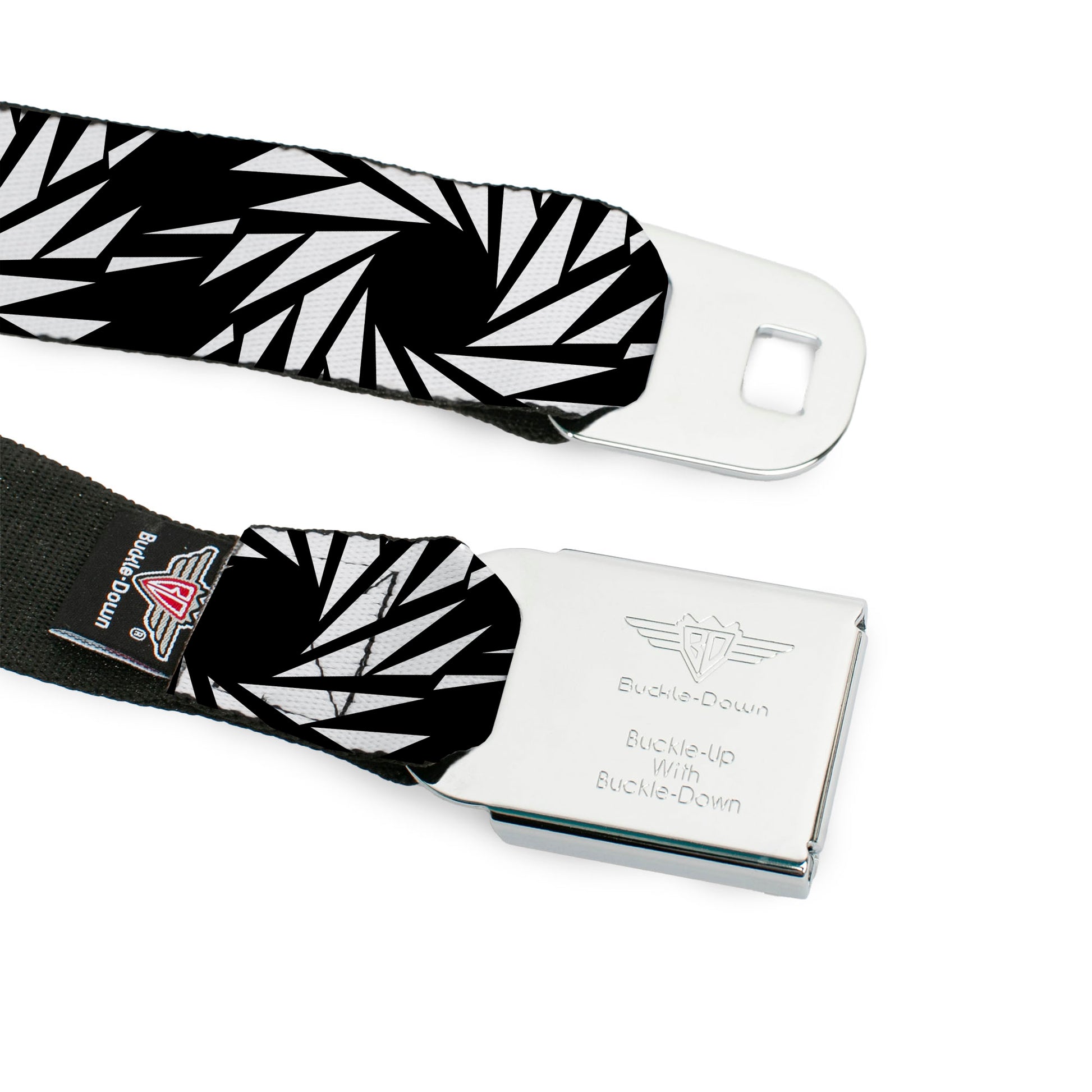 BD Wings Logo CLOSE-UP Black/Silver Seatbelt Belt - Pinwheel Black/White Webbing Seatbelt Belts Buckle-Down