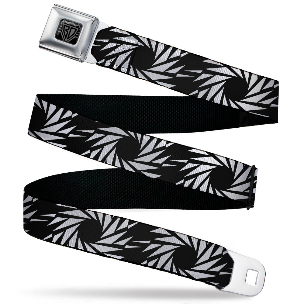 BD Wings Logo CLOSE-UP Black/Silver Seatbelt Belt - Pinwheel Black/White Webbing Seatbelt Belts Buckle-Down