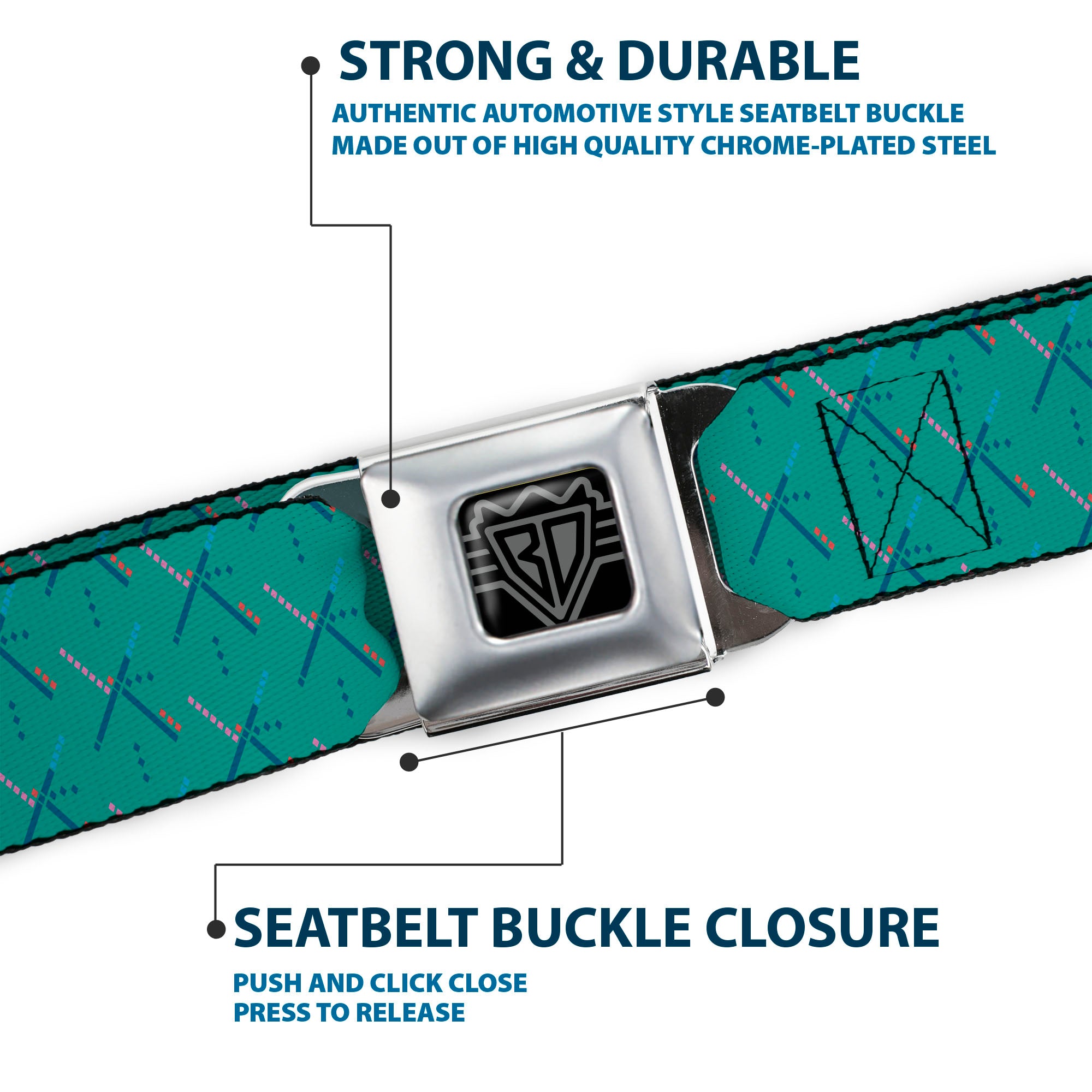 BD Wings Logo CLOSE-UP Full Color Black Silver Seatbelt Belt - PDX Airport Carpet Old Webbing Seatbelt Belts Buckle-Down