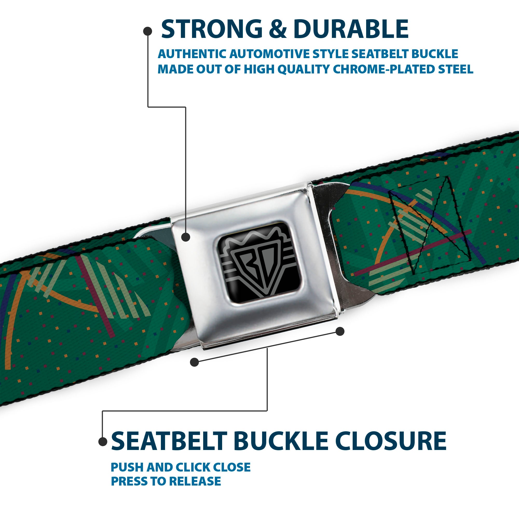 BD Wings Logo CLOSE-UP Full Color Black Silver Seatbelt Belt - PDX Airport Carpet New Webbing Seatbelt Belts Buckle-Down