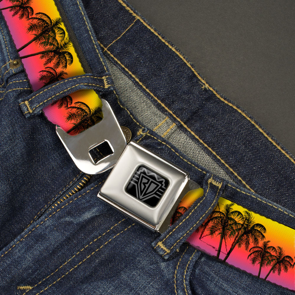 BD Wings Logo CLOSE-UP Black/Silver Seatbelt Belt - Palm Trees Sunset Fade/Black Webbing Seatbelt Belts Buckle-Down