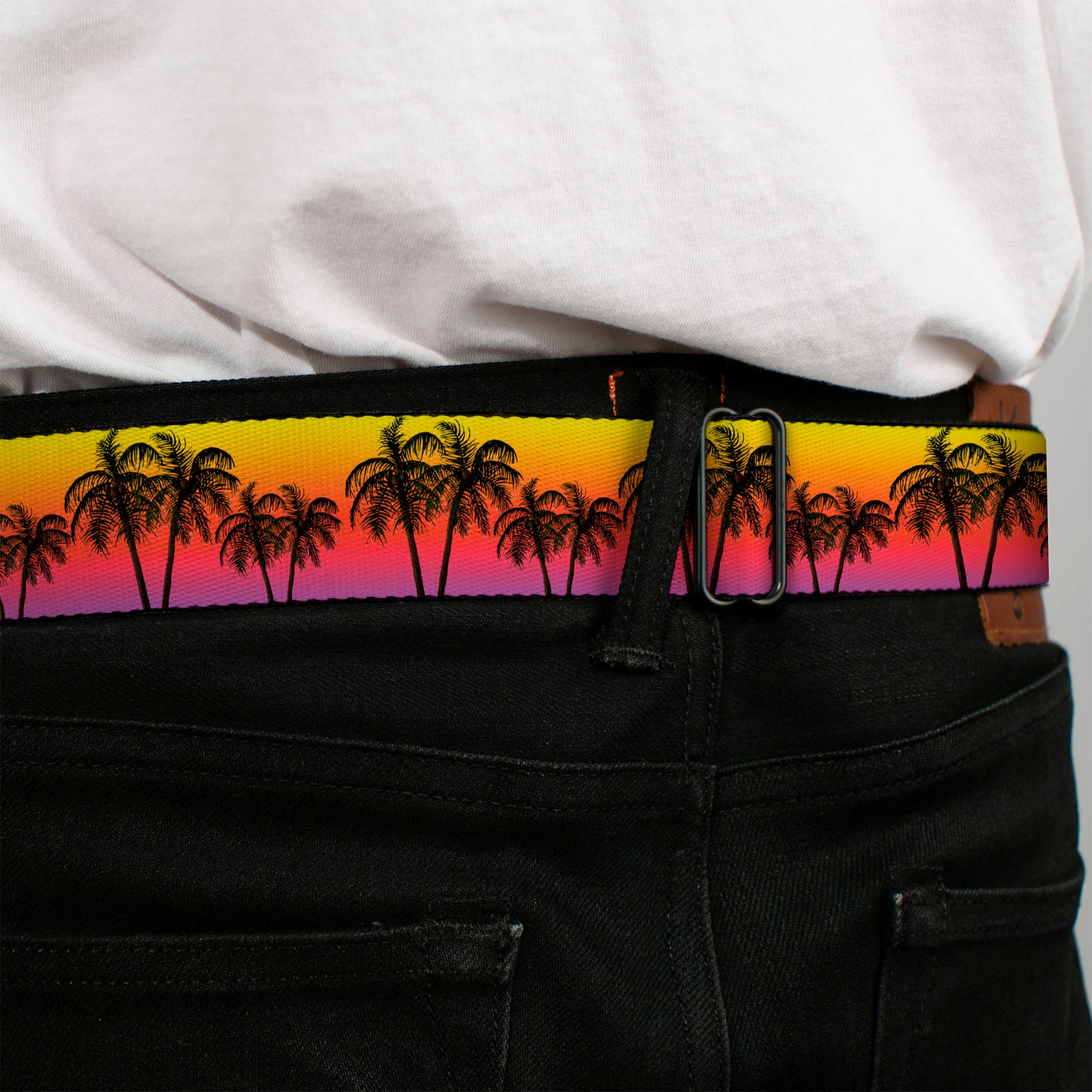 BD Wings Logo CLOSE-UP Black/Silver Seatbelt Belt - Palm Trees Sunset Fade/Black Webbing Seatbelt Belts Buckle-Down