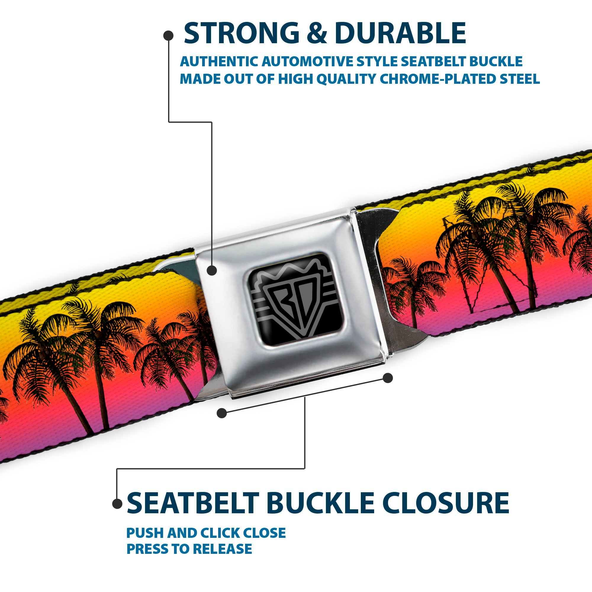 BD Wings Logo CLOSE-UP Black/Silver Seatbelt Belt - Palm Trees Sunset Fade/Black Webbing Seatbelt Belts Buckle-Down