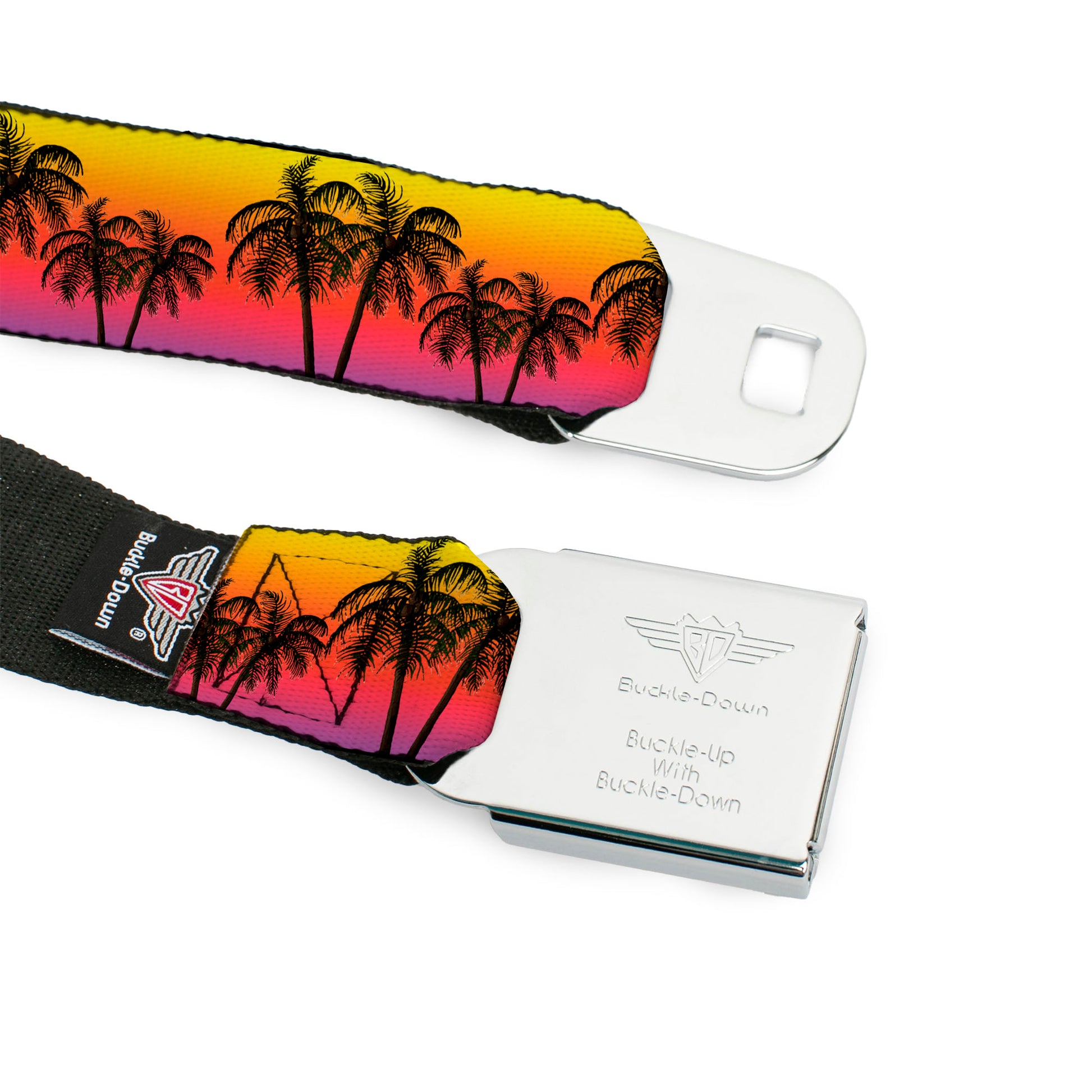BD Wings Logo CLOSE-UP Black/Silver Seatbelt Belt - Palm Trees Sunset Fade/Black Webbing Seatbelt Belts Buckle-Down