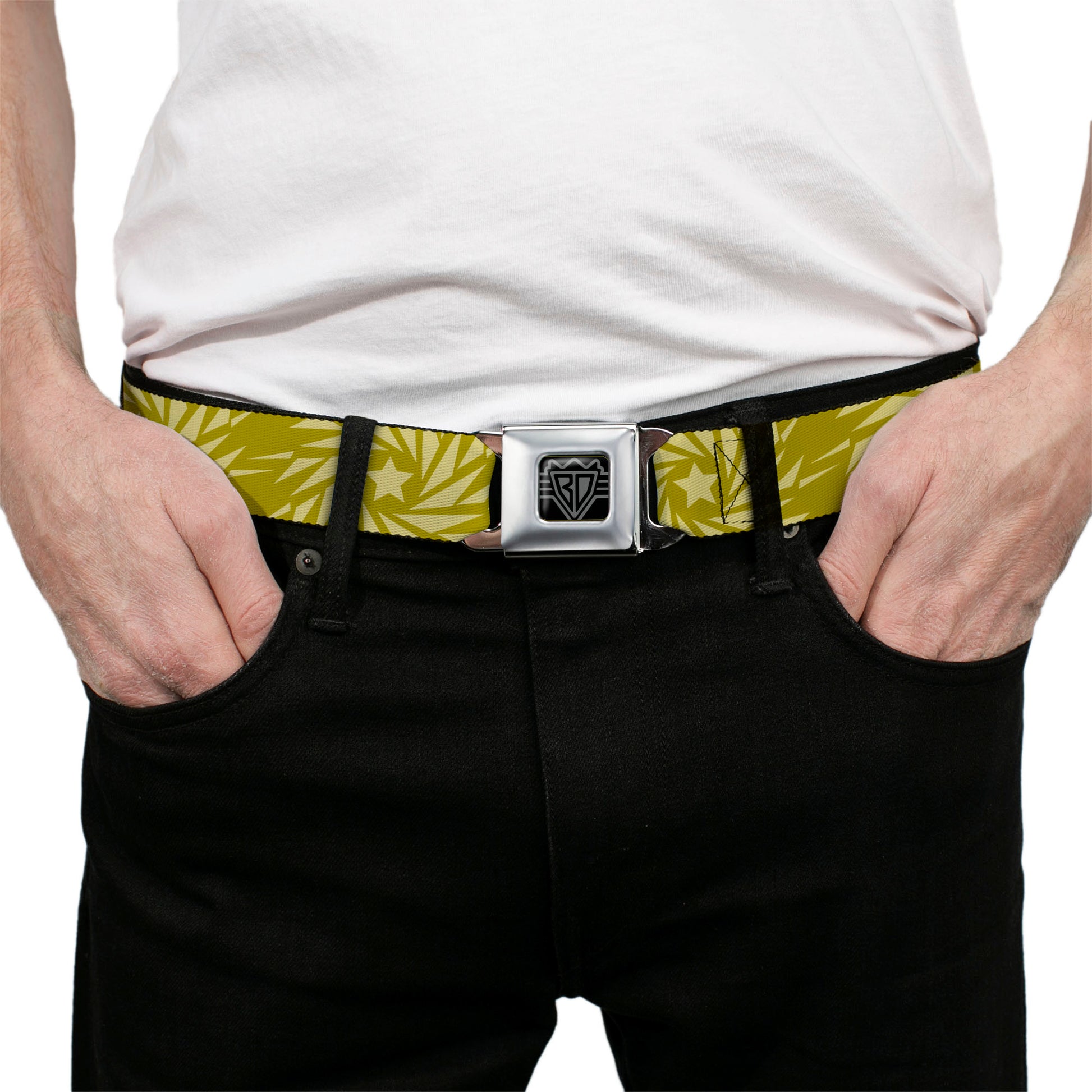BD Wings Logo CLOSE-UP Full Color Black Silver Seatbelt Belt - Pinwheel Star Olive Green/Beige Webbing Seatbelt Belts Buckle-Down