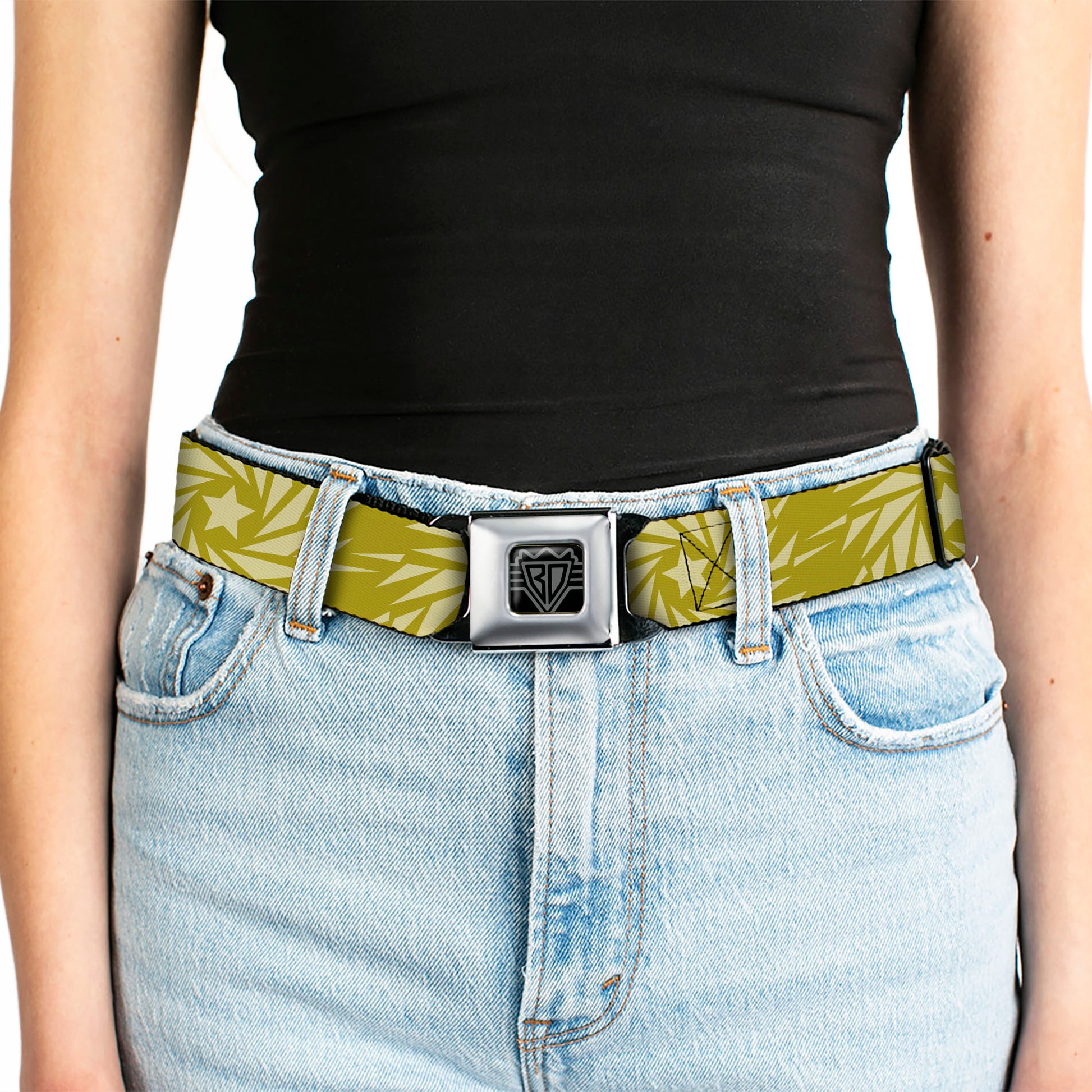 BD Wings Logo CLOSE-UP Full Color Black Silver Seatbelt Belt - Pinwheel Star Olive Green/Beige Webbing Seatbelt Belts Buckle-Down