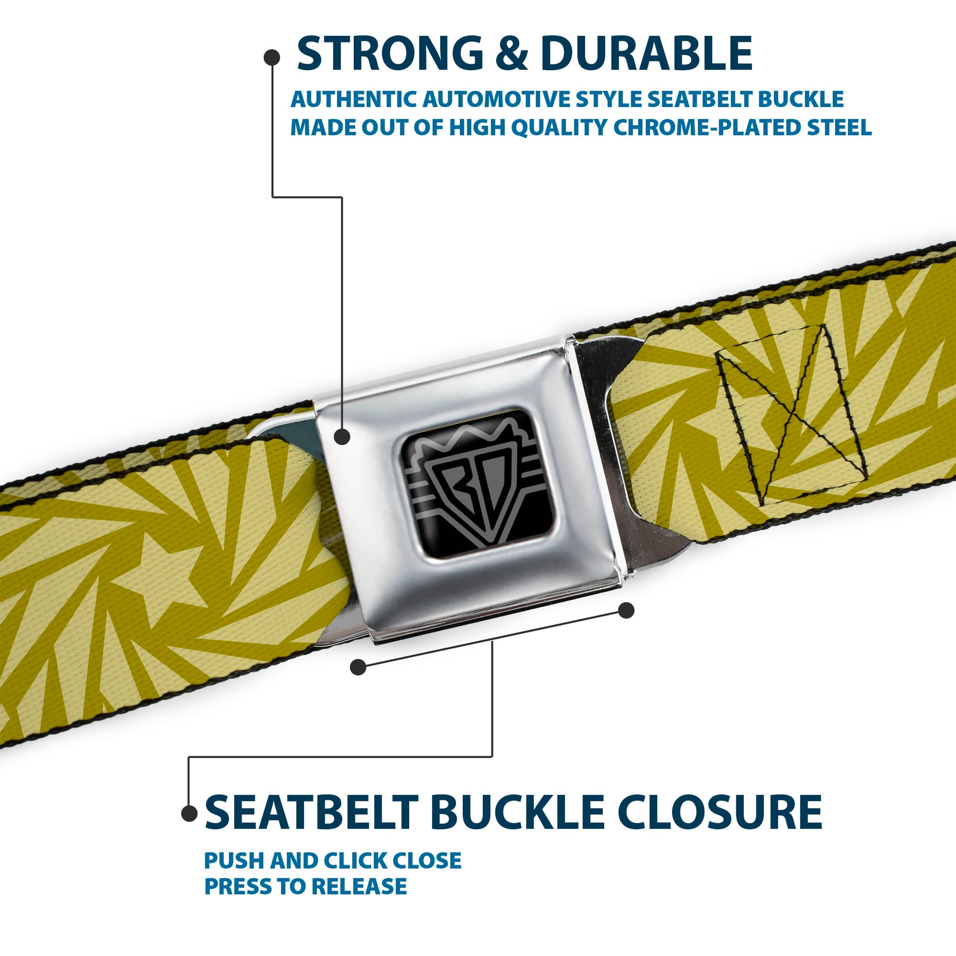 BD Wings Logo CLOSE-UP Full Color Black Silver Seatbelt Belt - Pinwheel Star Olive Green/Beige Webbing Seatbelt Belts Buckle-Down