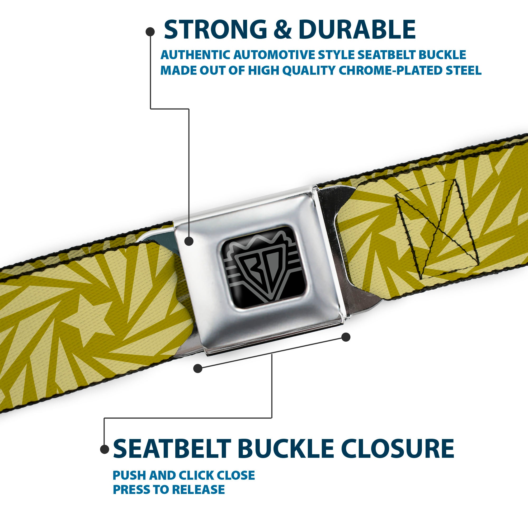 BD Wings Logo CLOSE-UP Full Color Black Silver Seatbelt Belt - Pinwheel Star Olive Green/Beige Webbing Seatbelt Belts Buckle-Down