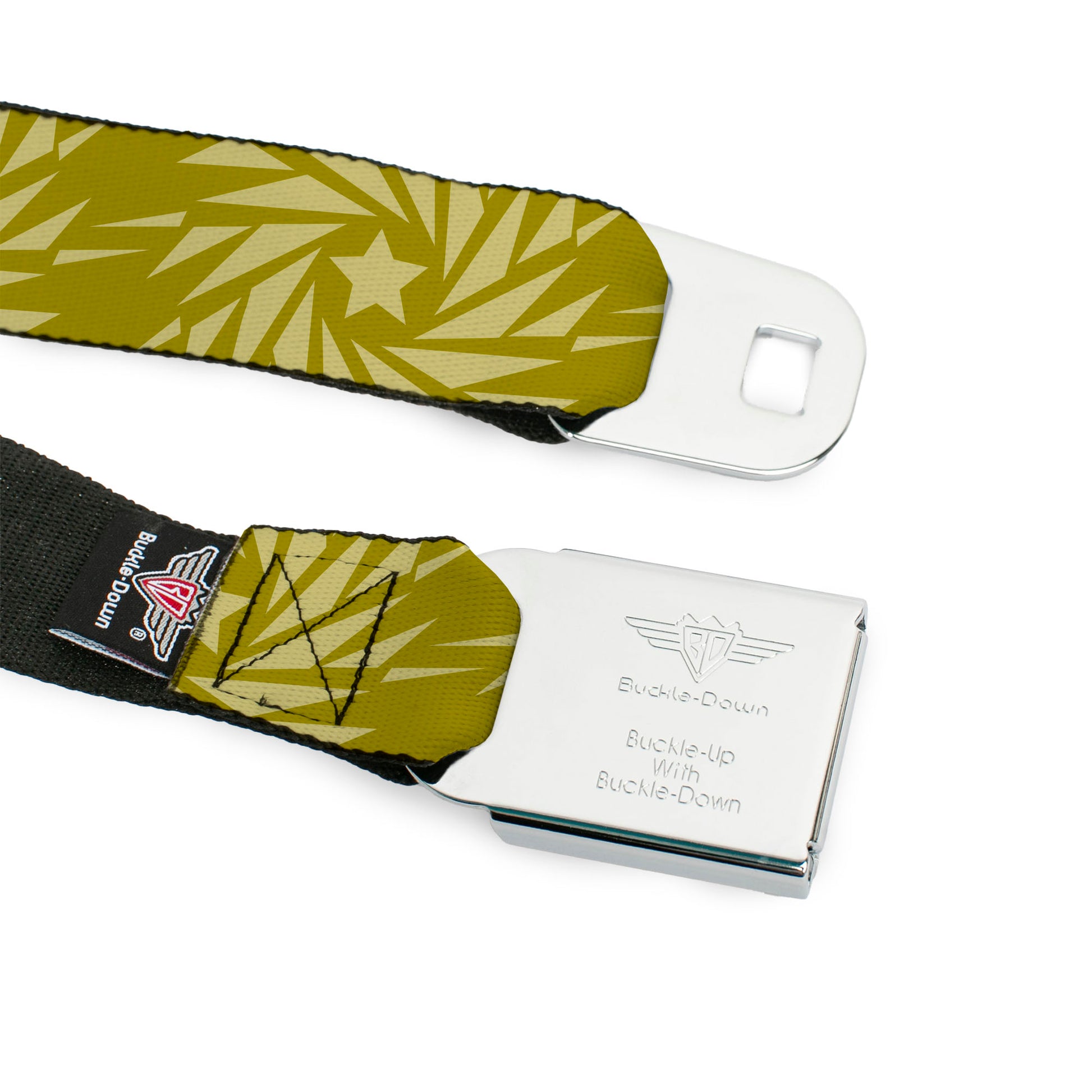 BD Wings Logo CLOSE-UP Full Color Black Silver Seatbelt Belt - Pinwheel Star Olive Green/Beige Webbing Seatbelt Belts Buckle-Down
