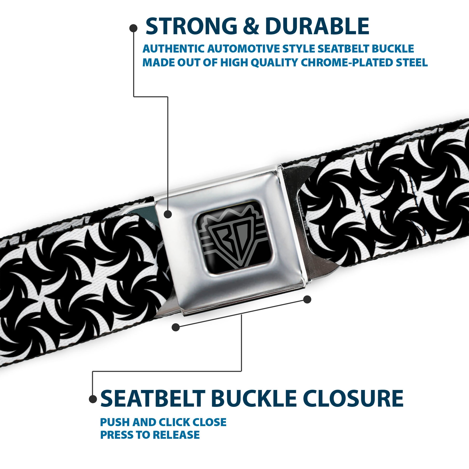 BD Wings Logo CLOSE-UP Full Color Black Silver Seatbelt Belt - Pinwheel Plumes White/Black Webbing Seatbelt Belts Buckle-Down
