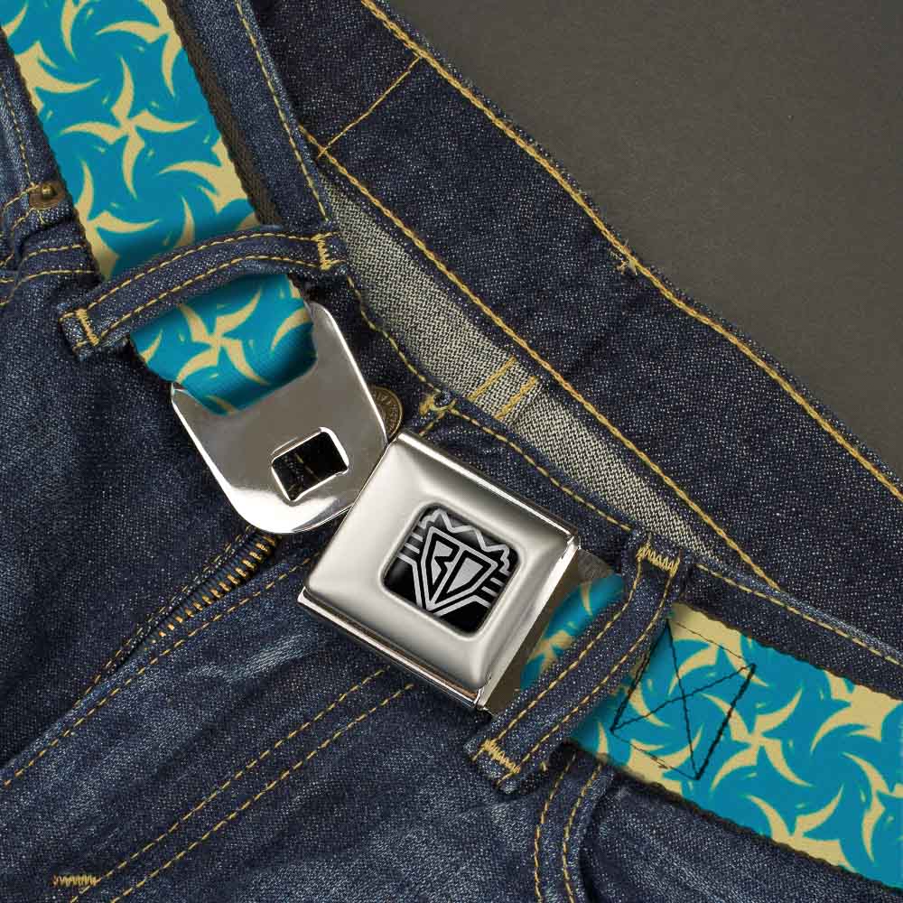 BD Wings Logo CLOSE-UP Full Color Black Silver Seatbelt Belt - Pinwheel Plumes Beige/Turquoise Webbing Seatbelt Belts Buckle-Down