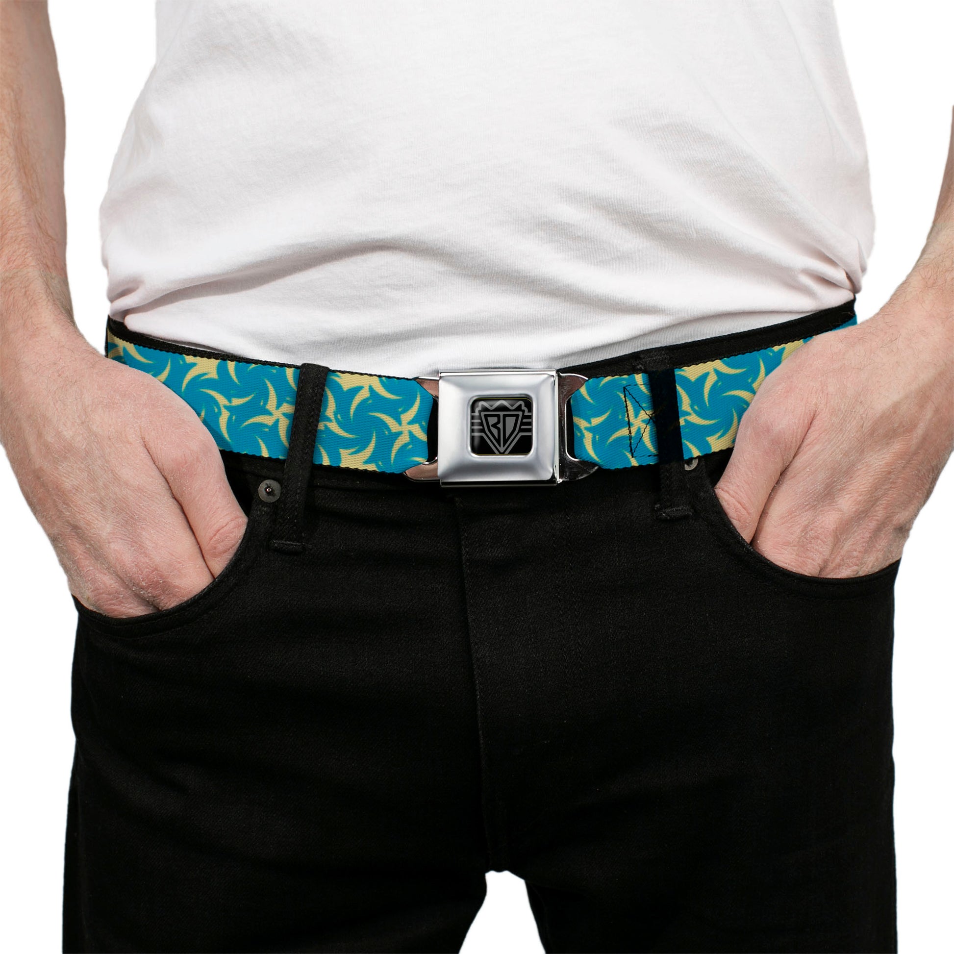 BD Wings Logo CLOSE-UP Full Color Black Silver Seatbelt Belt - Pinwheel Plumes Beige/Turquoise Webbing Seatbelt Belts Buckle-Down
