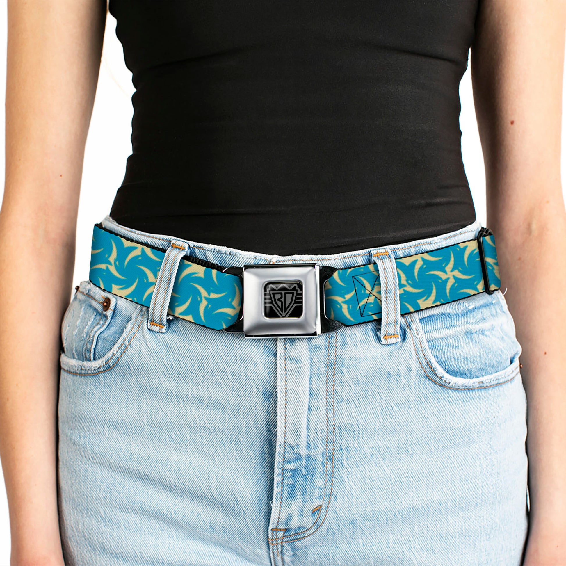 BD Wings Logo CLOSE-UP Full Color Black Silver Seatbelt Belt - Pinwheel Plumes Beige/Turquoise Webbing Seatbelt Belts Buckle-Down