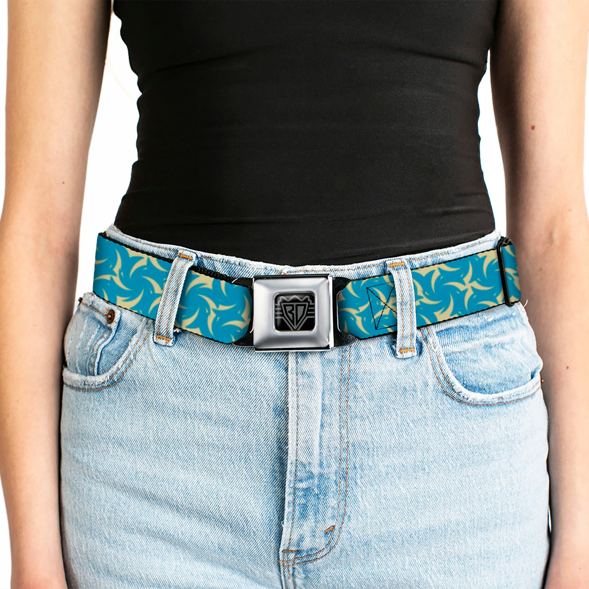 BD Wings Logo CLOSE-UP Full Color Black Silver Seatbelt Belt - Pinwheel Plumes Beige/Turquoise Webbing Seatbelt Belts Buckle-Down