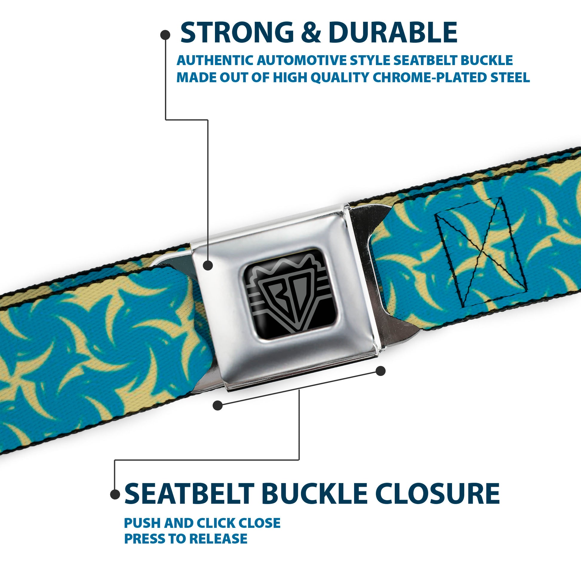 BD Wings Logo CLOSE-UP Full Color Black Silver Seatbelt Belt - Pinwheel Plumes Beige/Turquoise Webbing Seatbelt Belts Buckle-Down