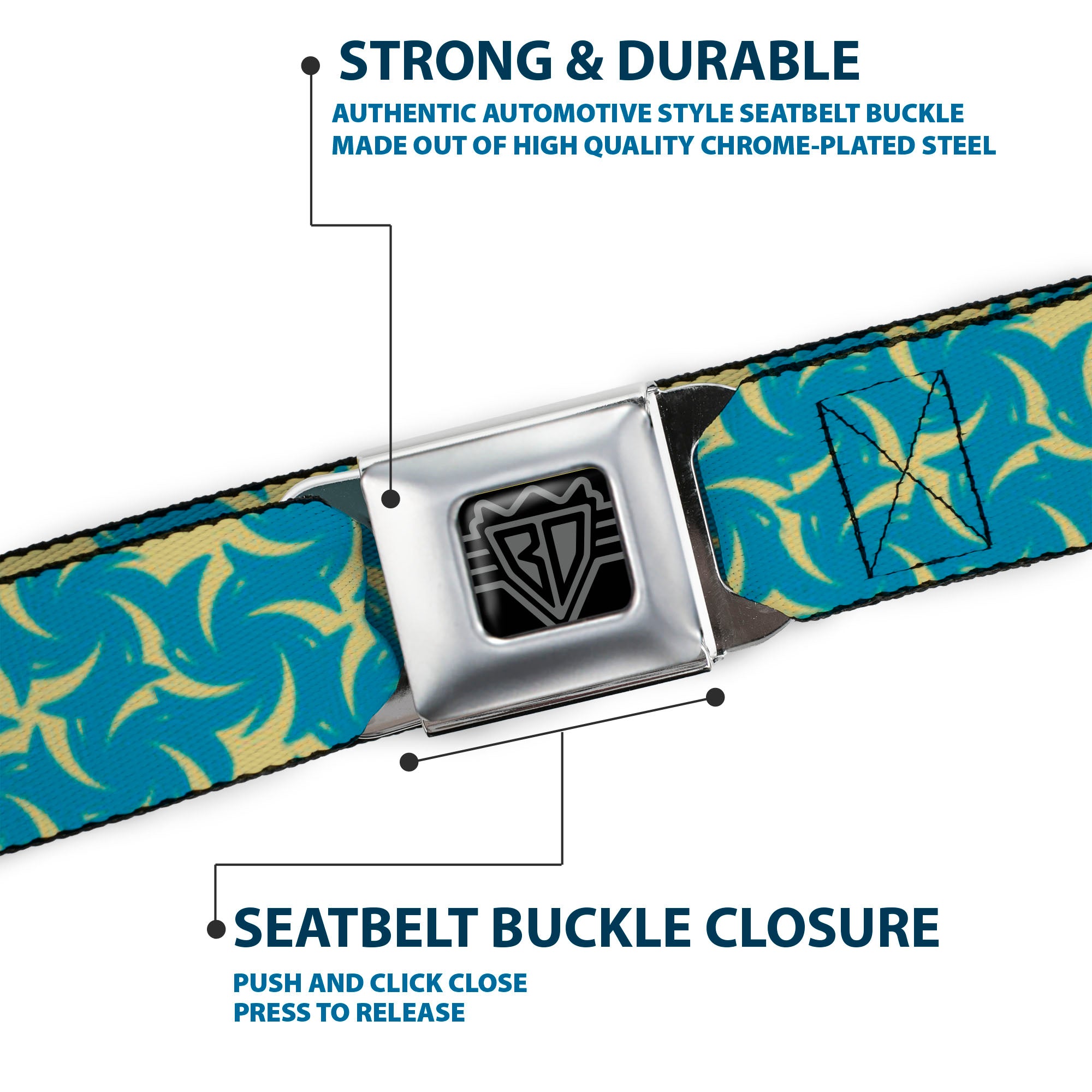 BD Wings Logo CLOSE-UP Full Color Black Silver Seatbelt Belt - Pinwheel Plumes Beige/Turquoise Webbing Seatbelt Belts Buckle-Down