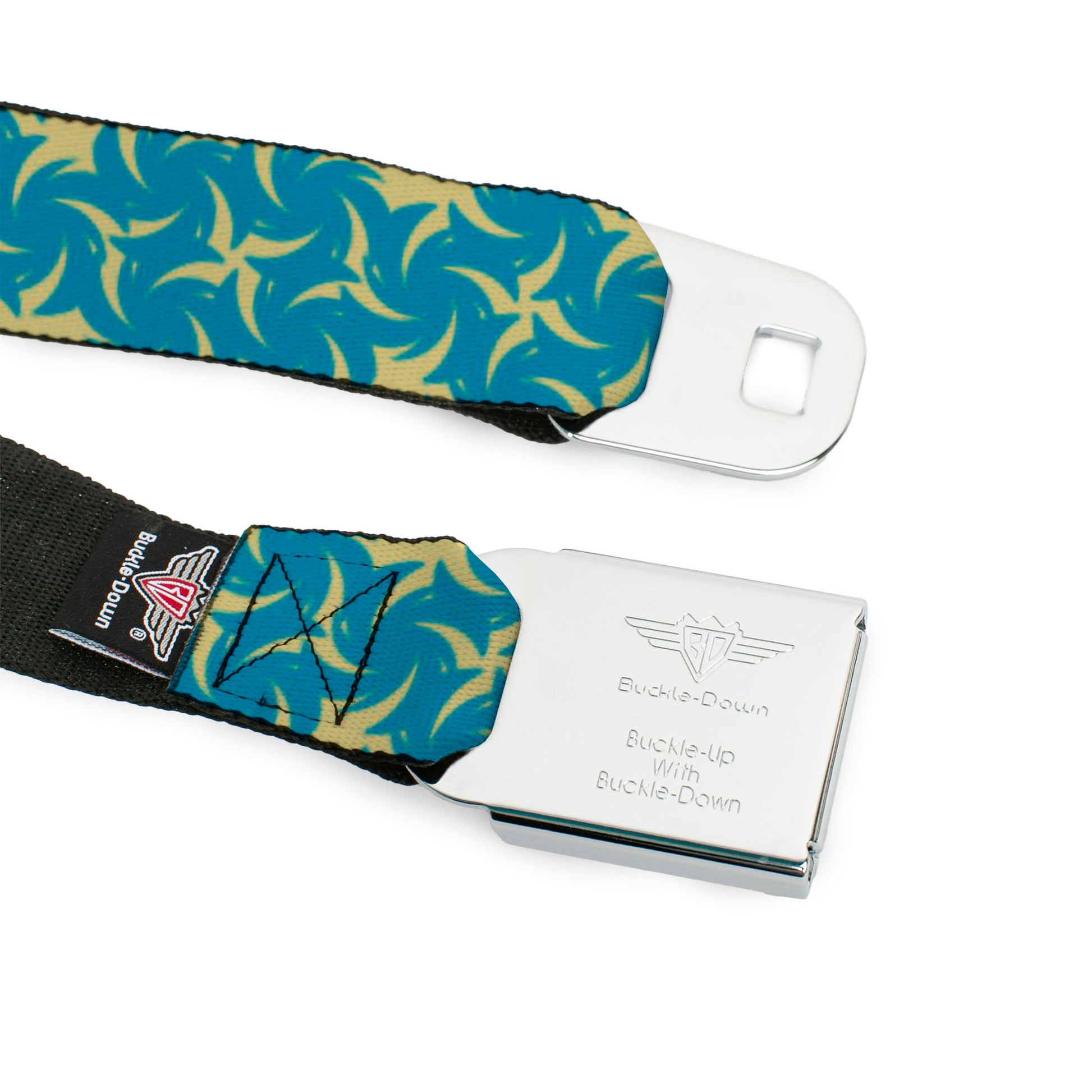 BD Wings Logo CLOSE-UP Full Color Black Silver Seatbelt Belt - Pinwheel Plumes Beige/Turquoise Webbing Seatbelt Belts Buckle-Down