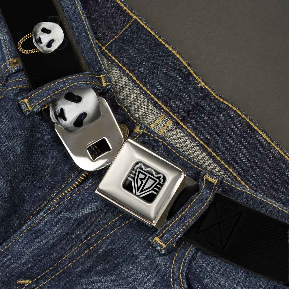 BD Wings Logo CLOSE-UP Full Color Black Silver Seatbelt Belt - Panda w/Gold Chain Black Webbing Seatbelt Belts Buckle-Down