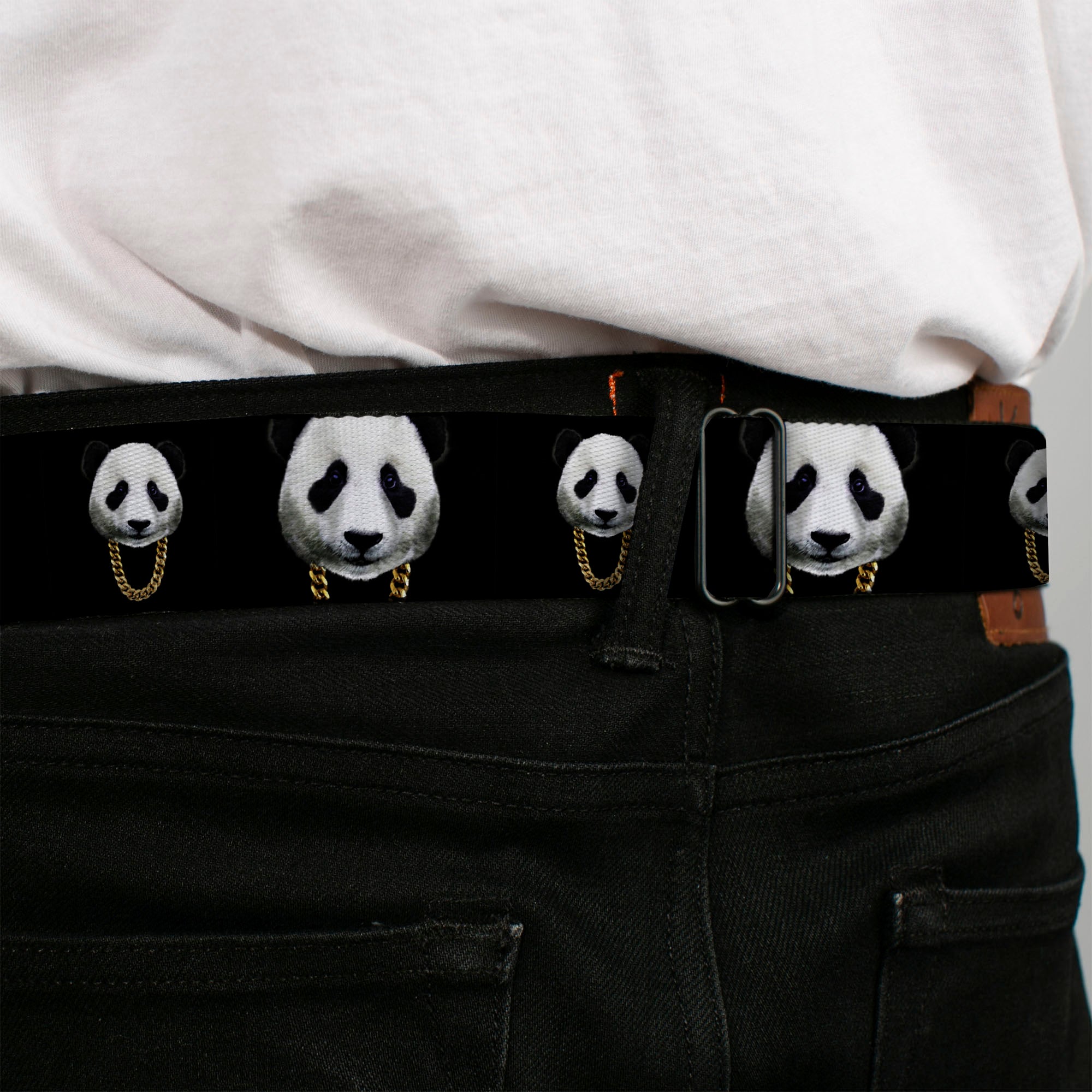 BD Wings Logo CLOSE-UP Full Color Black Silver Seatbelt Belt - Panda w/Gold Chain Black Webbing Seatbelt Belts Buckle-Down