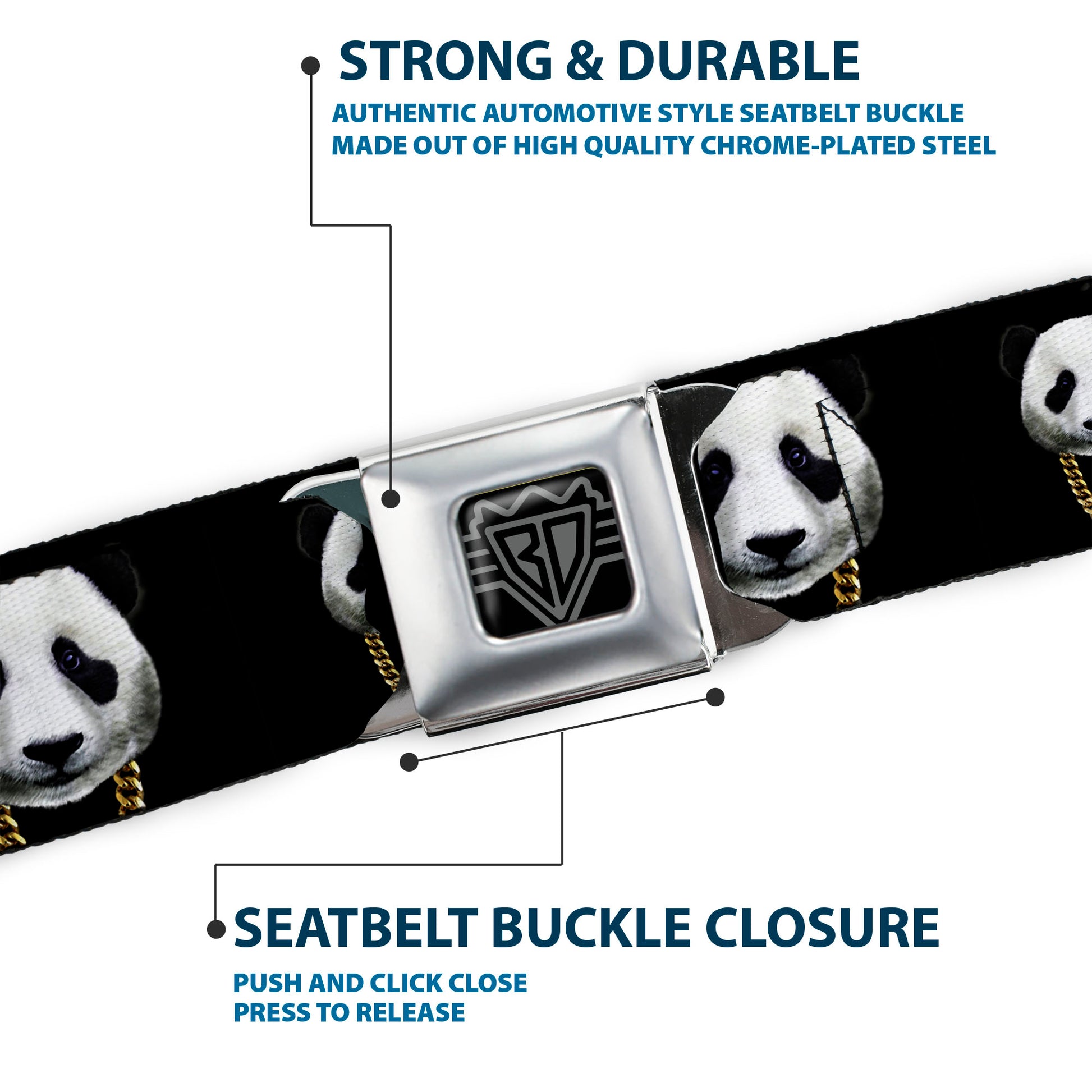 BD Wings Logo CLOSE-UP Full Color Black Silver Seatbelt Belt - Panda w/Gold Chain Black Webbing Seatbelt Belts Buckle-Down