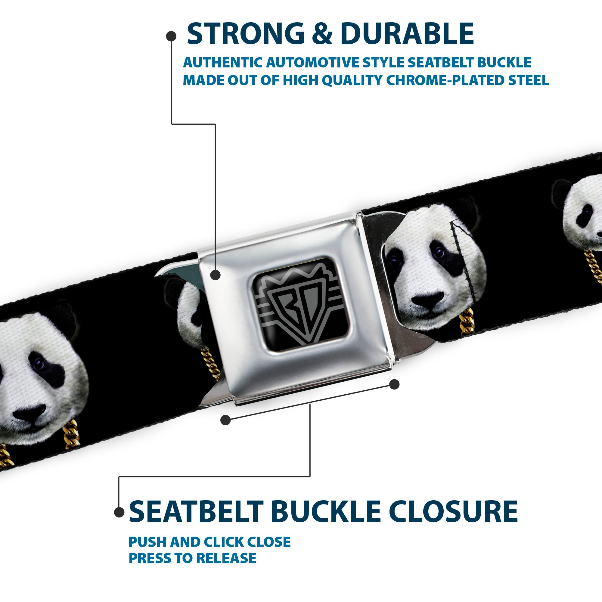 BD Wings Logo CLOSE-UP Full Color Black Silver Seatbelt Belt - Panda w/Gold Chain Black Webbing Seatbelt Belts Buckle-Down