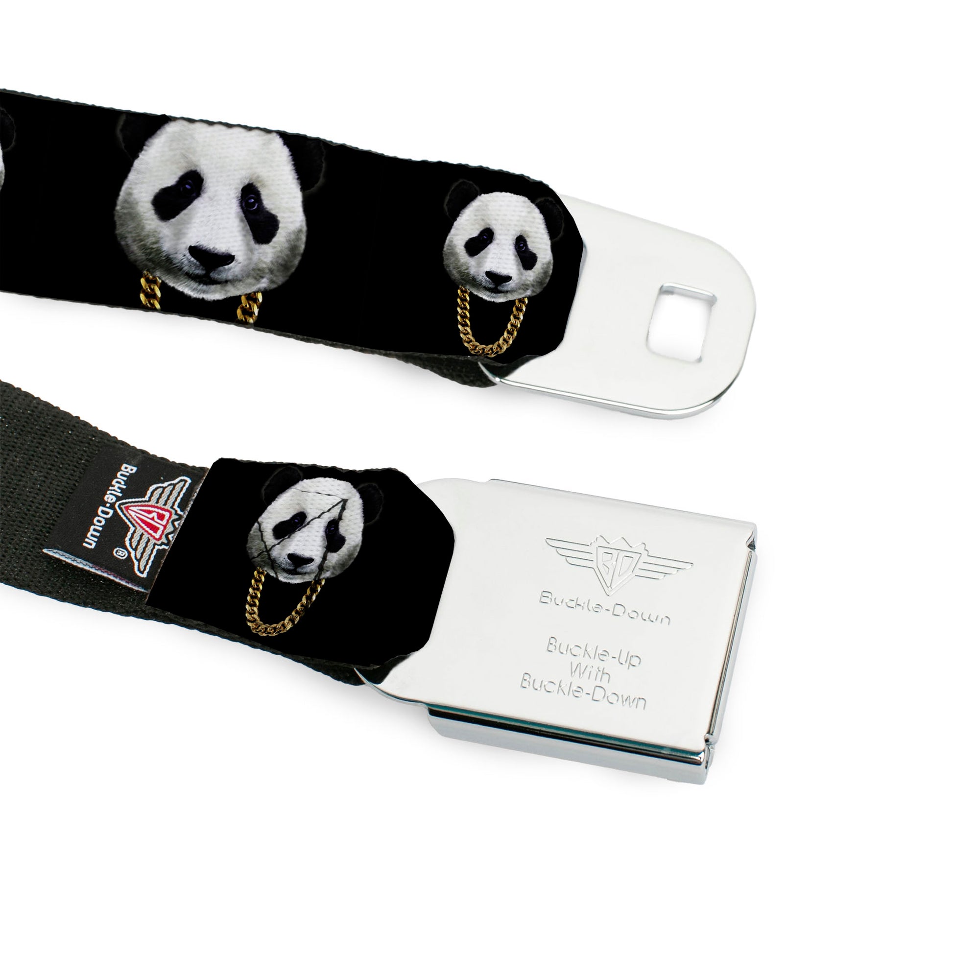 BD Wings Logo CLOSE-UP Full Color Black Silver Seatbelt Belt - Panda w/Gold Chain Black Webbing Seatbelt Belts Buckle-Down