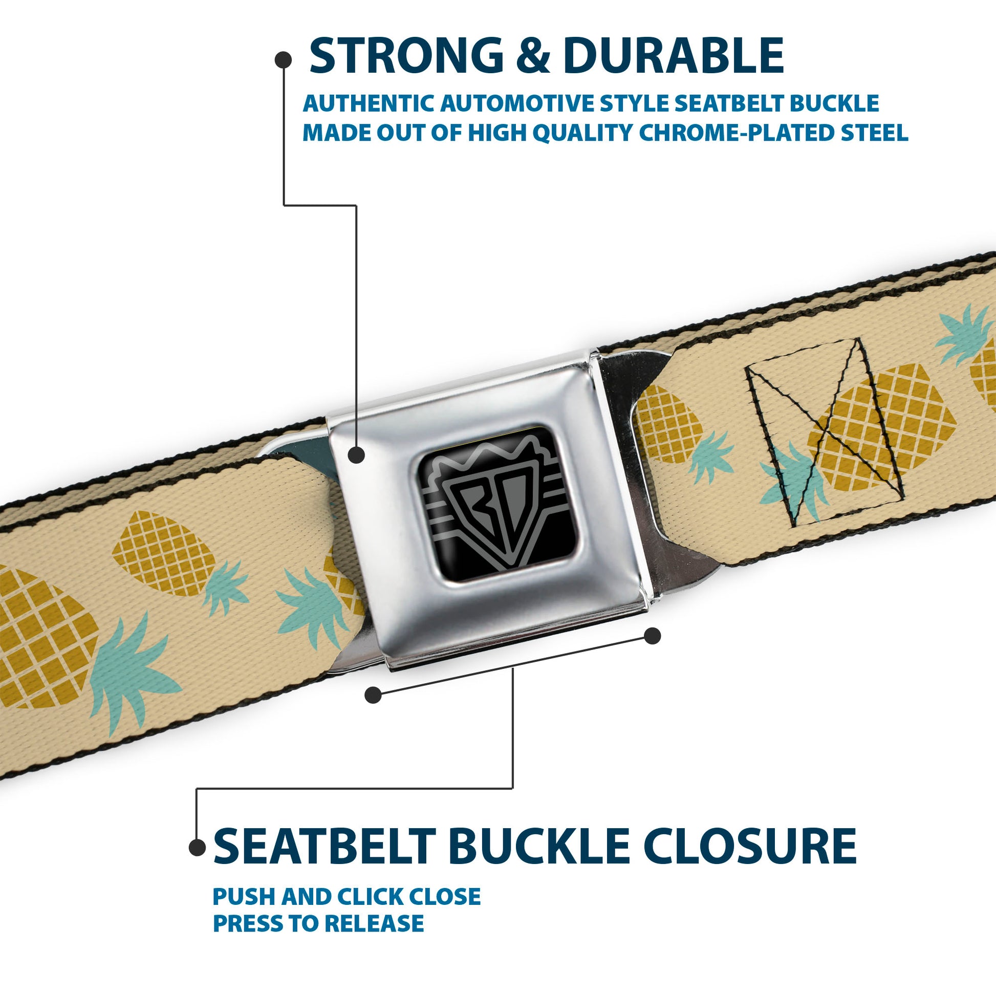BD Wings Logo CLOSE-UP Black/Silver Seatbelt Belt - Pineapples Rotating Tan Webbing Seatbelt Belts Buckle-Down