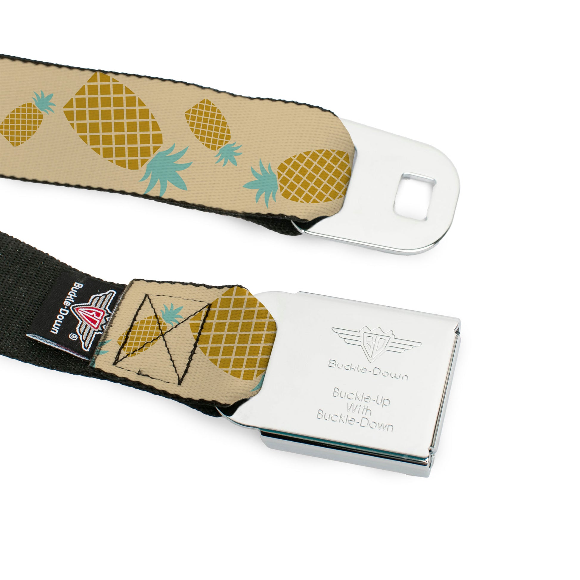BD Wings Logo CLOSE-UP Black/Silver Seatbelt Belt - Pineapples Rotating Tan Webbing Seatbelt Belts Buckle-Down