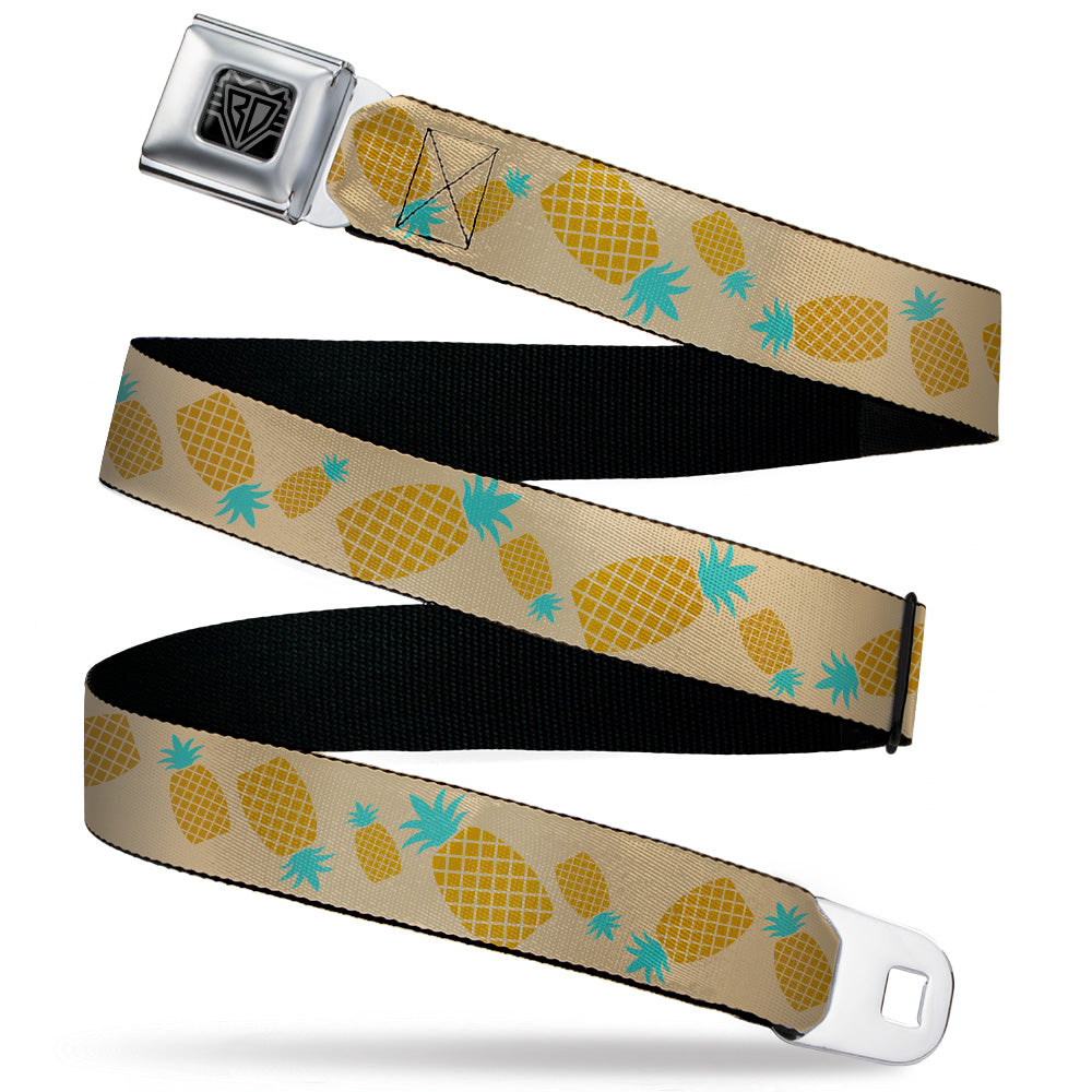 BD Wings Logo CLOSE-UP Black/Silver Seatbelt Belt - Pineapples Rotating Tan Webbing Seatbelt Belts Buckle-Down