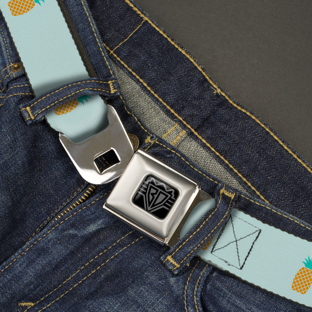 BD Wings Logo CLOSE-UP Black/Silver Seatbelt Belt - Pineapple Repeat Aqua Blue Webbing Seatbelt Belts Buckle-Down