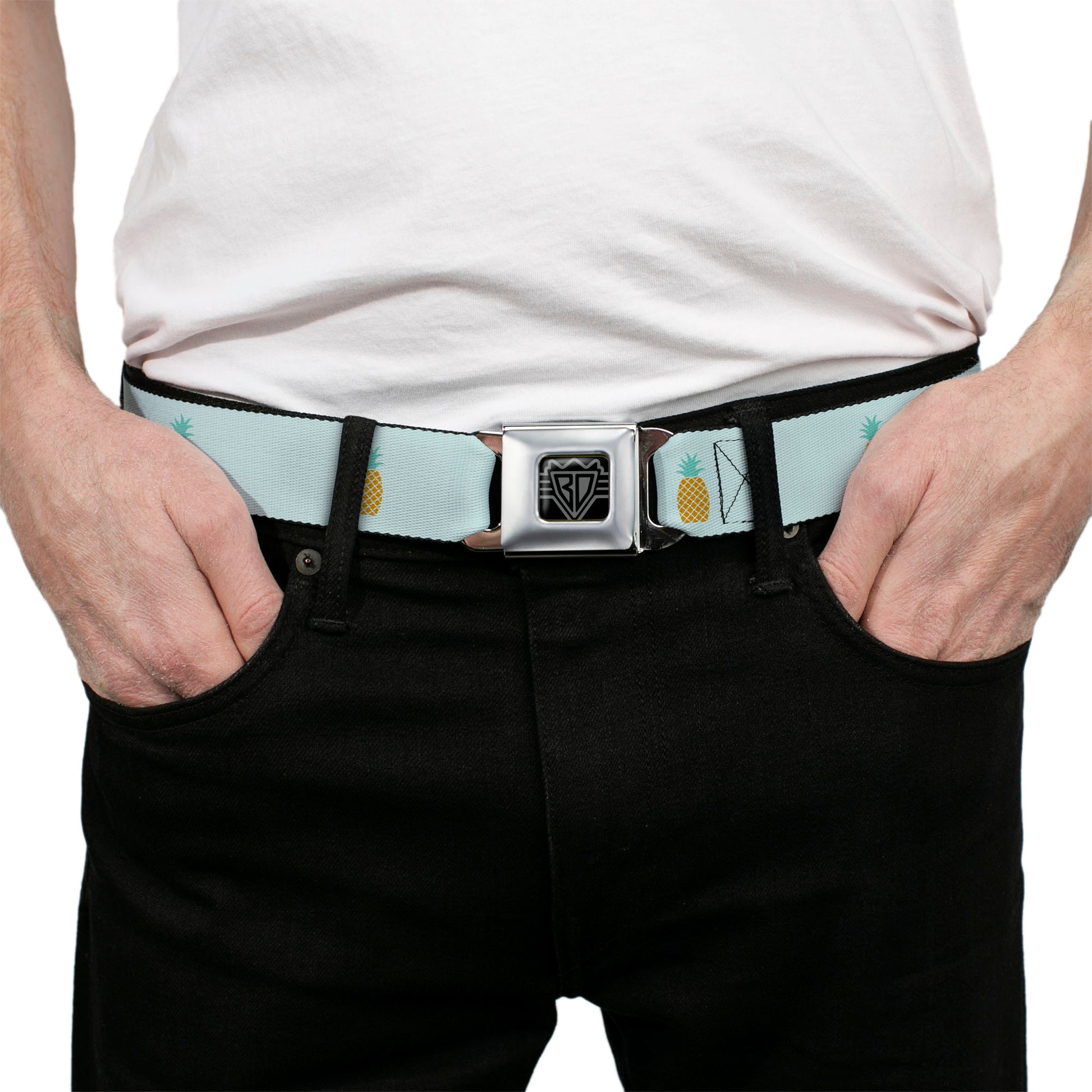 BD Wings Logo CLOSE-UP Black/Silver Seatbelt Belt - Pineapple Repeat Aqua Blue Webbing Seatbelt Belts Buckle-Down