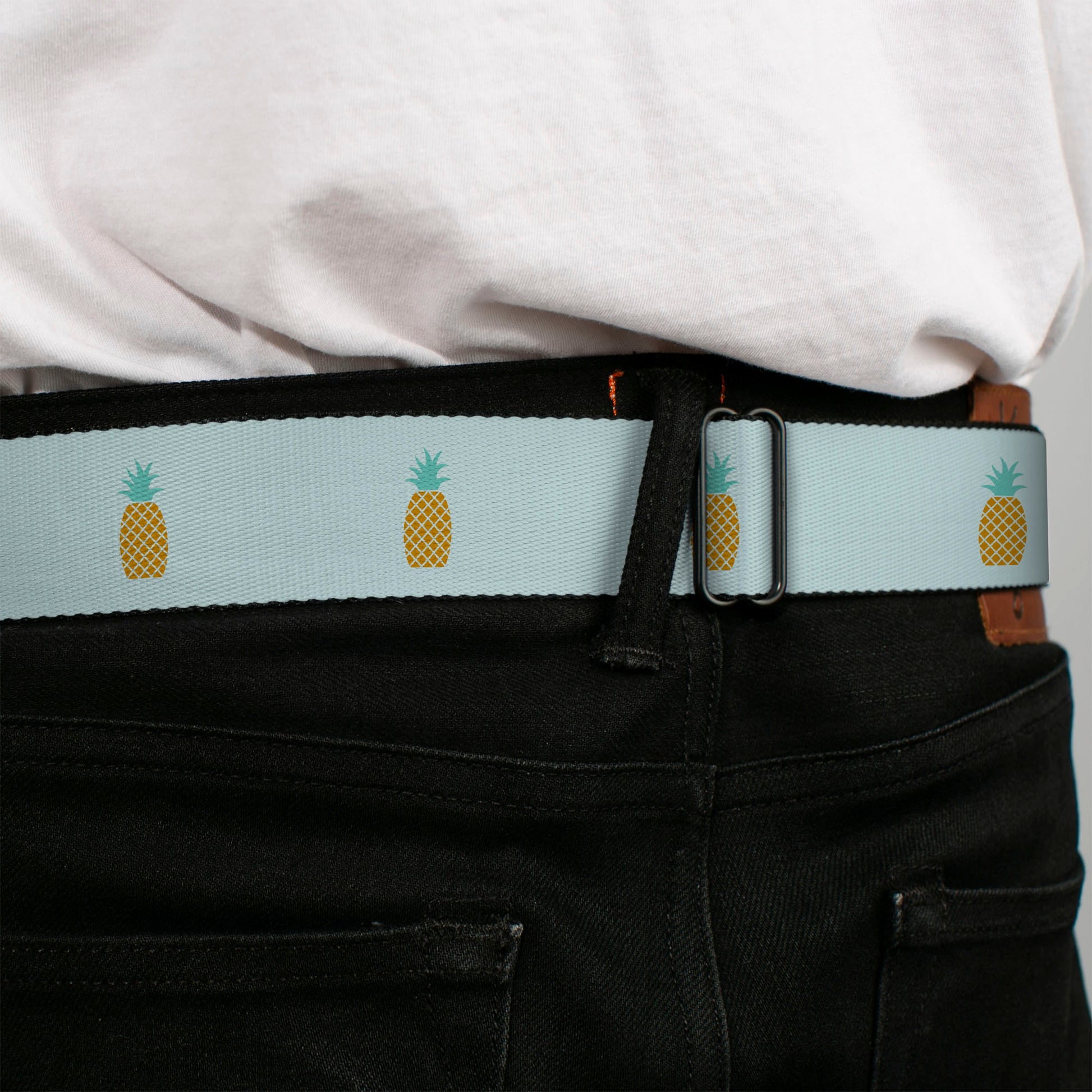 BD Wings Logo CLOSE-UP Black/Silver Seatbelt Belt - Pineapple Repeat Aqua Blue Webbing Seatbelt Belts Buckle-Down