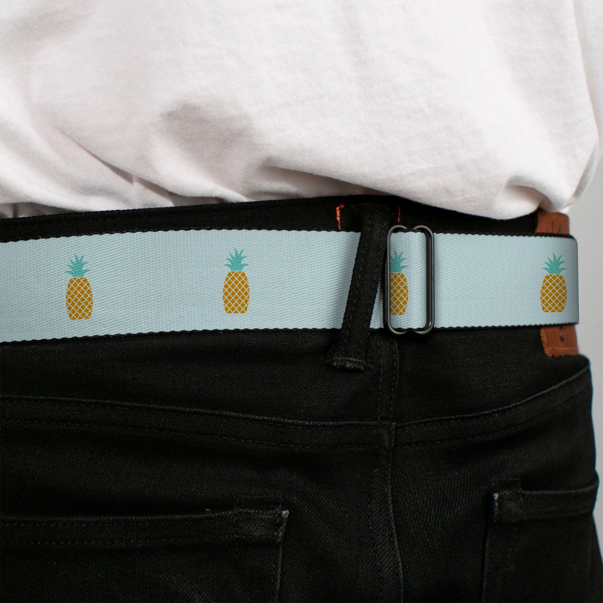 BD Wings Logo CLOSE-UP Black/Silver Seatbelt Belt - Pineapple Repeat Aqua Blue Webbing Seatbelt Belts Buckle-Down