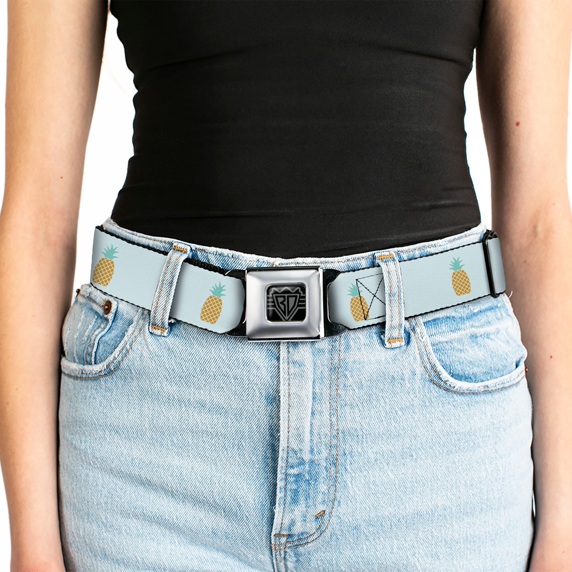 BD Wings Logo CLOSE-UP Black/Silver Seatbelt Belt - Pineapple Repeat Aqua Blue Webbing Seatbelt Belts Buckle-Down