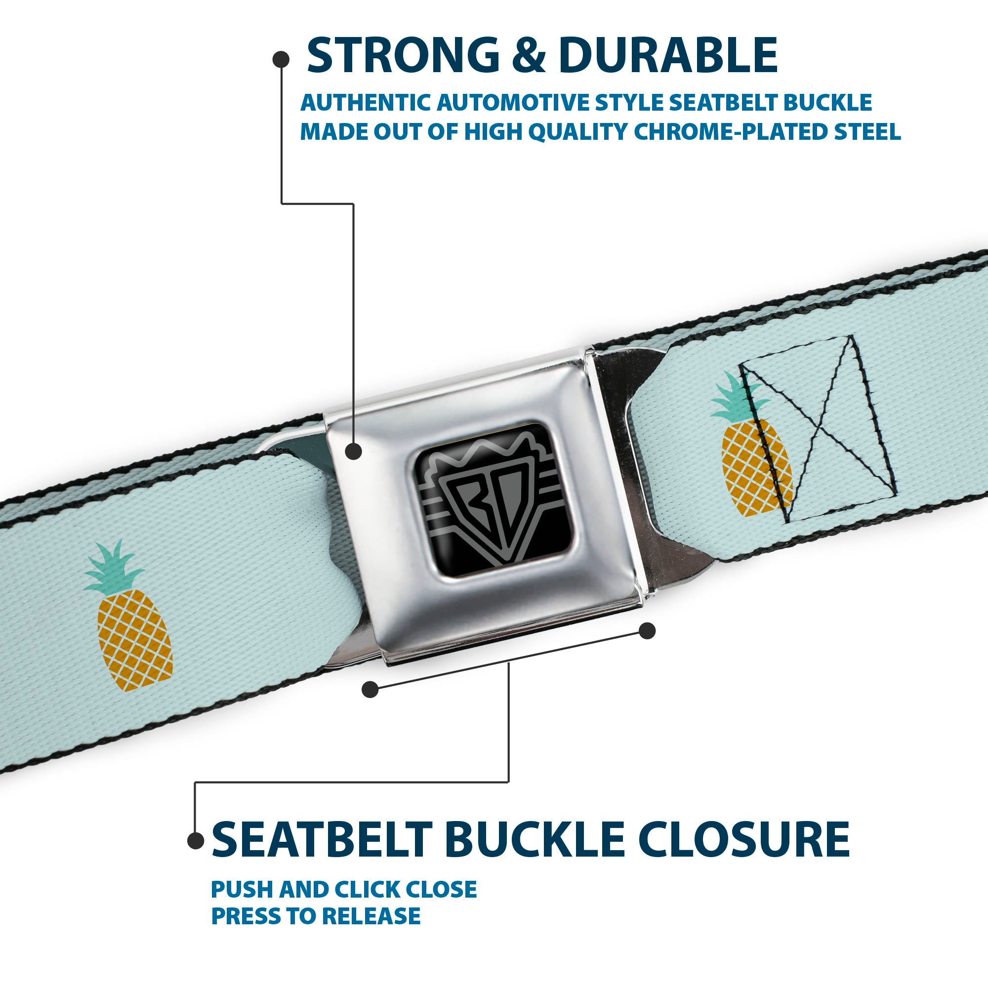 BD Wings Logo CLOSE-UP Black/Silver Seatbelt Belt - Pineapple Repeat Aqua Blue Webbing Seatbelt Belts Buckle-Down