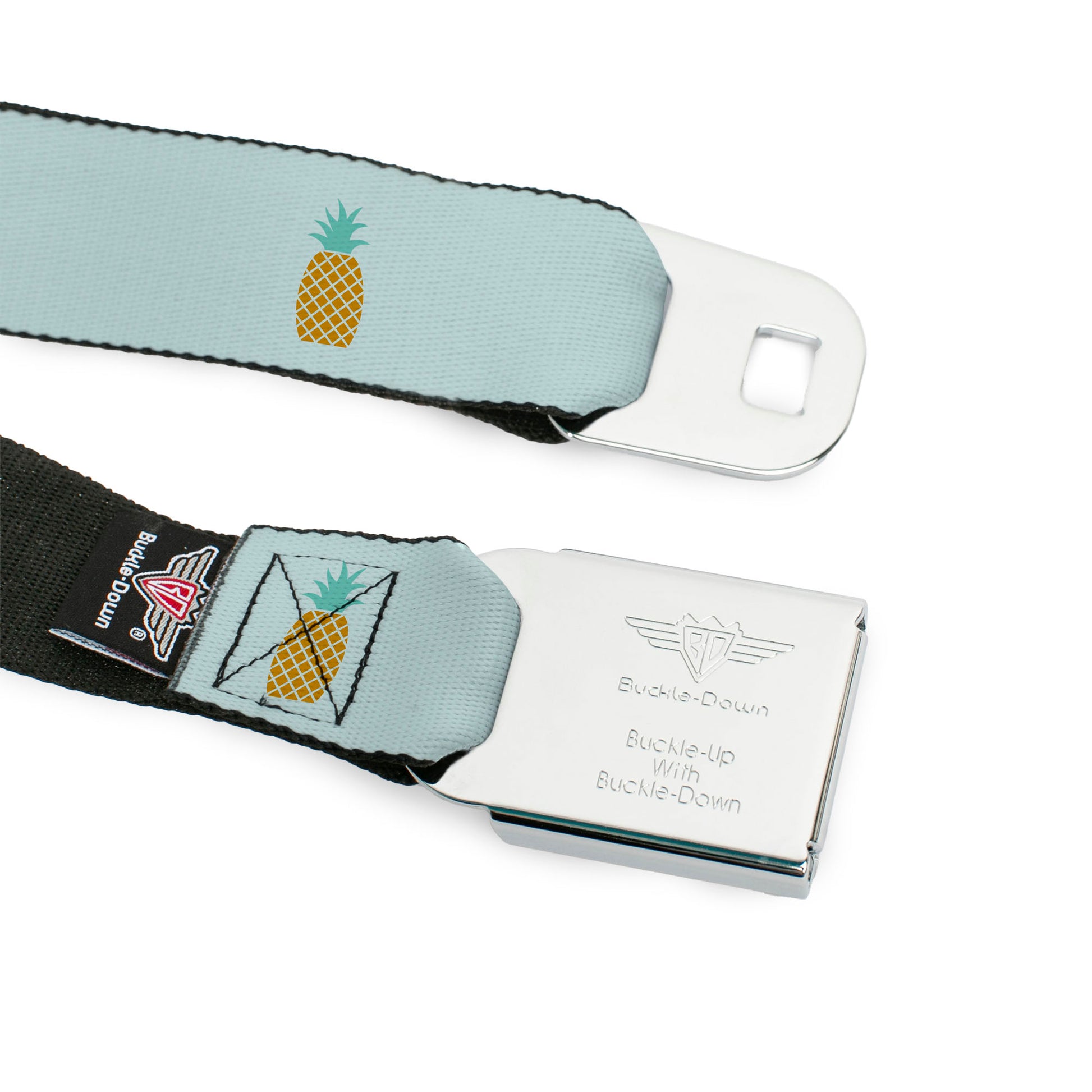 BD Wings Logo CLOSE-UP Black/Silver Seatbelt Belt - Pineapple Repeat Aqua Blue Webbing Seatbelt Belts Buckle-Down