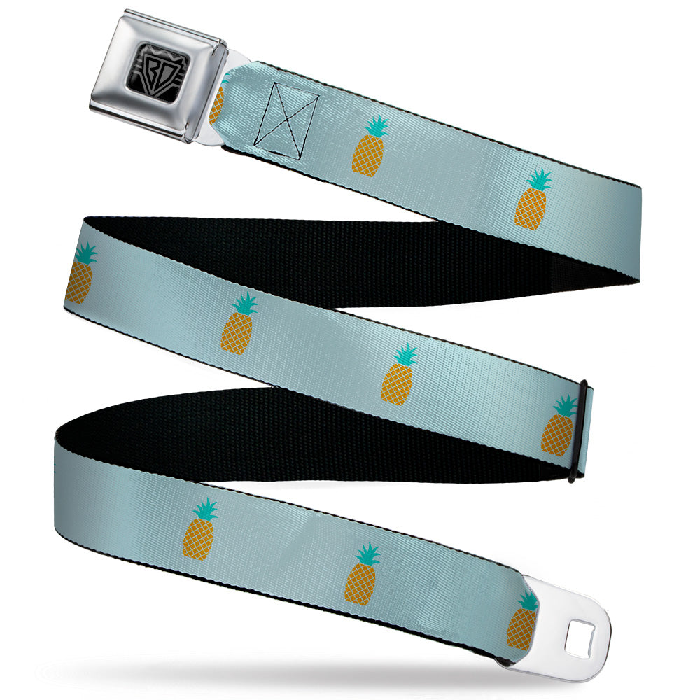 BD Wings Logo CLOSE-UP Black/Silver Seatbelt Belt - Pineapple Repeat Aqua Blue Webbing Seatbelt Belts Buckle-Down
