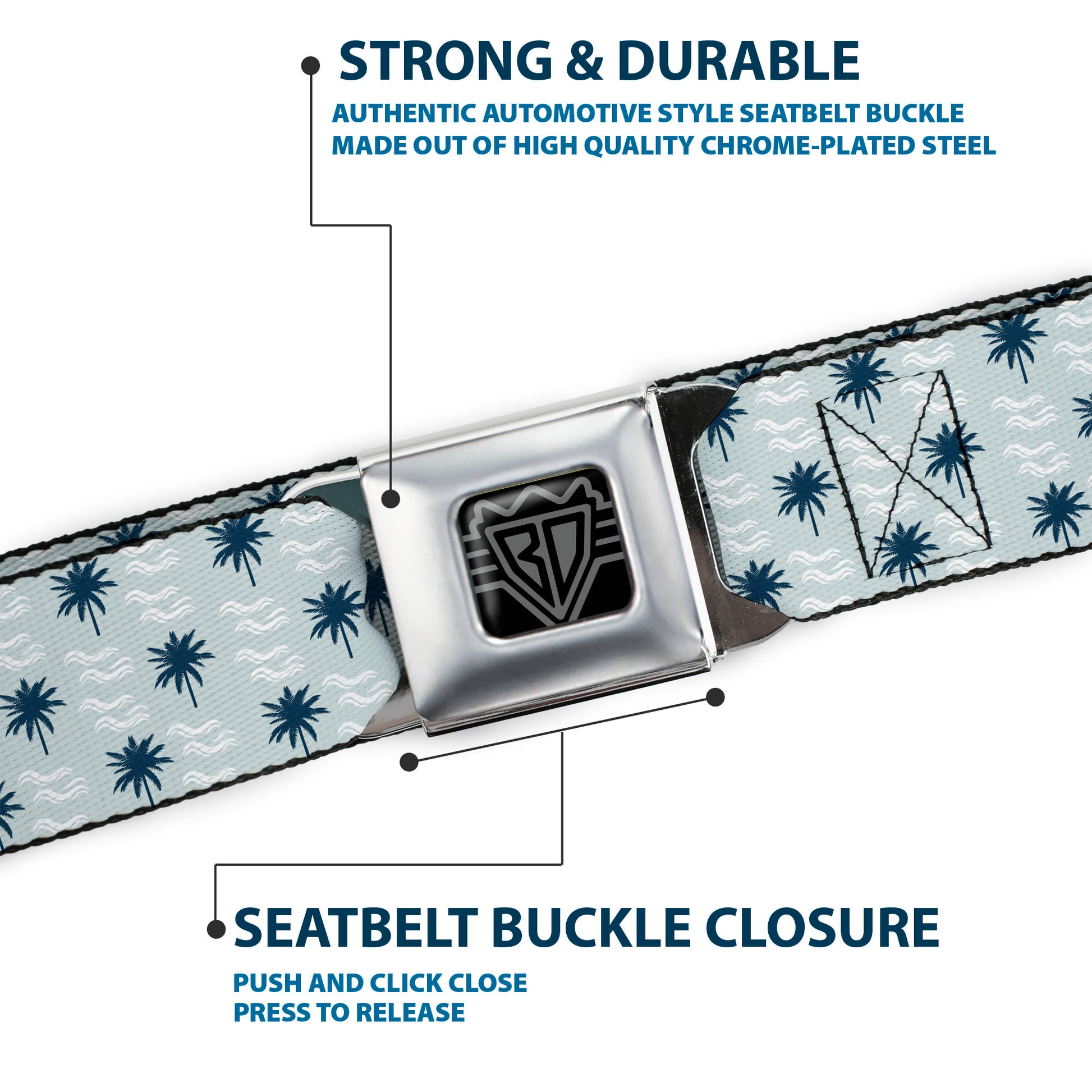 BD Wings Logo CLOSE-UP Black/Silver Seatbelt Belt - Palm Trees & Waves Monogram Blues/White Webbing Seatbelt Belts Buckle-Down