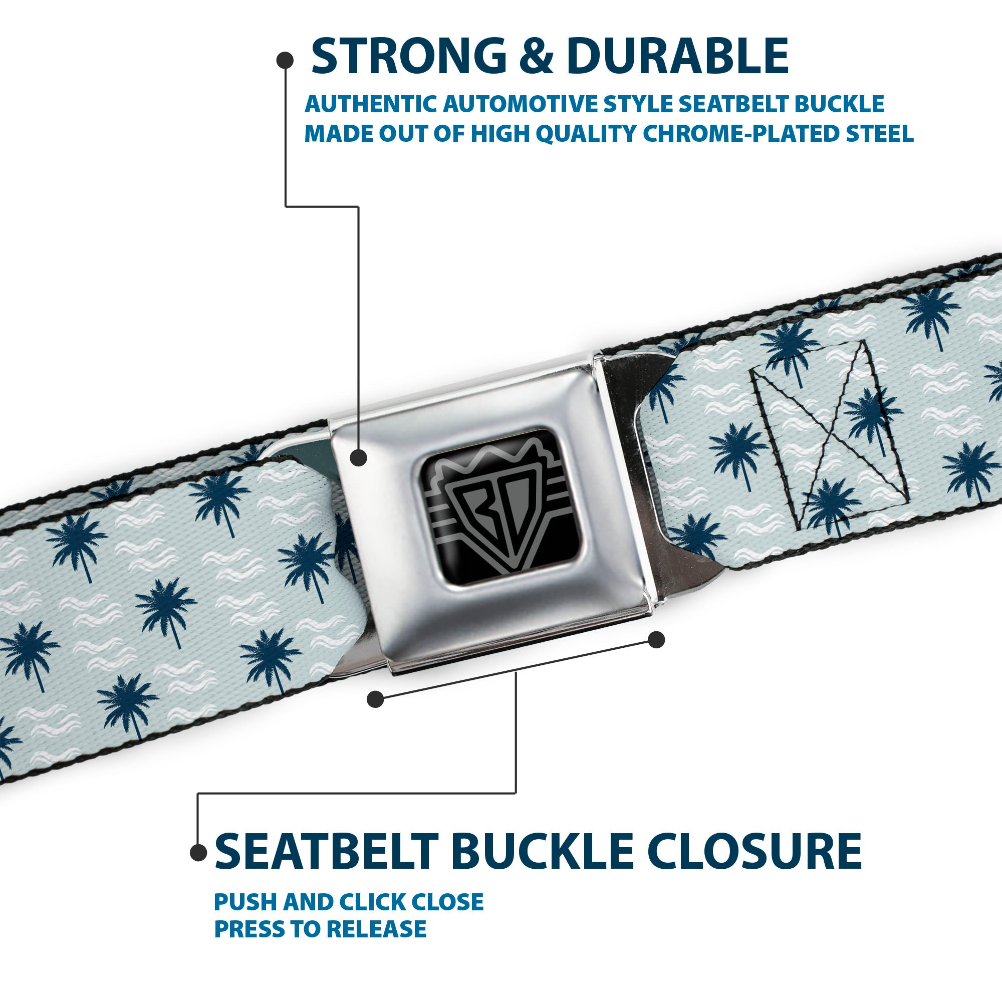 BD Wings Logo CLOSE-UP Black/Silver Seatbelt Belt - Palm Trees & Waves Monogram Blues/White Webbing Seatbelt Belts Buckle-Down