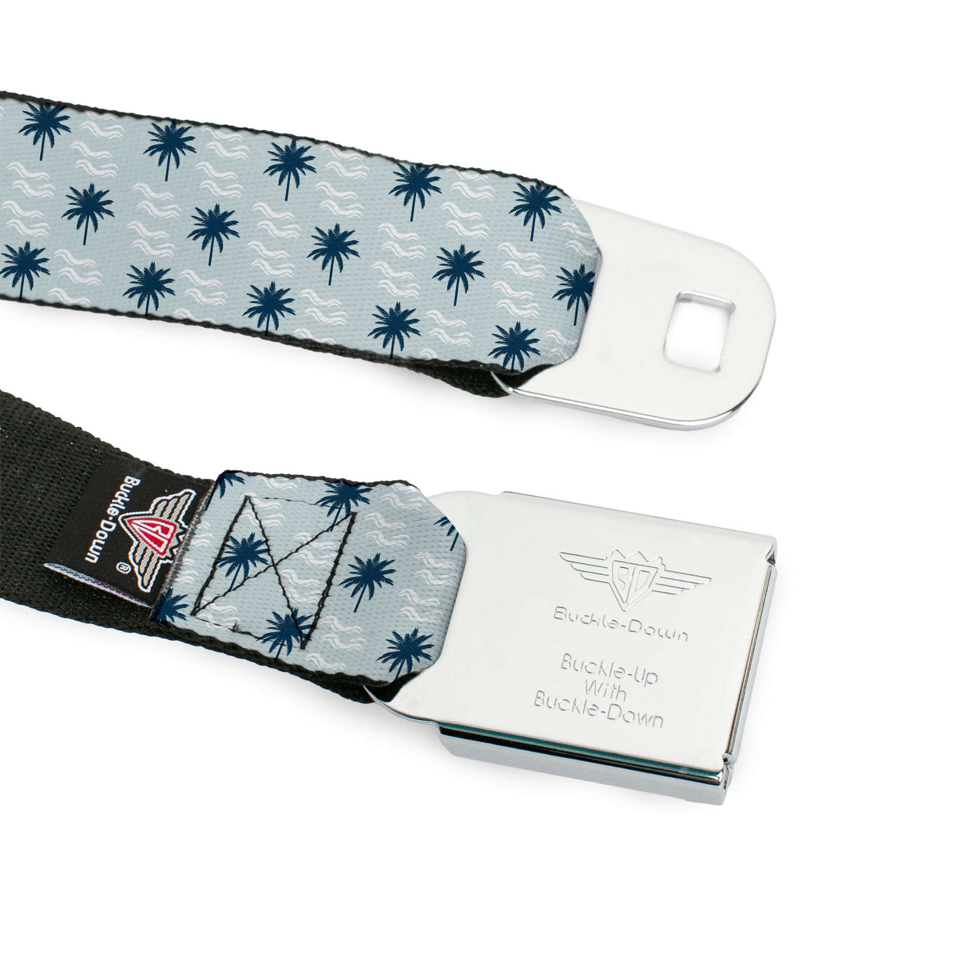 BD Wings Logo CLOSE-UP Black/Silver Seatbelt Belt - Palm Trees & Waves Monogram Blues/White Webbing Seatbelt Belts Buckle-Down