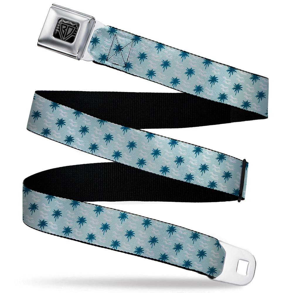BD Wings Logo CLOSE-UP Black/Silver Seatbelt Belt - Palm Trees & Waves Monogram Blues/White Webbing Seatbelt Belts Buckle-Down