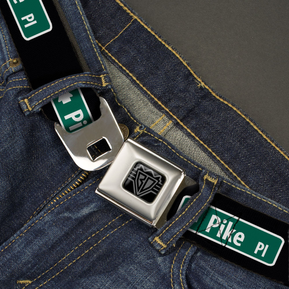 BD Wings Logo CLOSE-UP Black/Silver Seatbelt Belt - PIKE PLACE Direction Sign Black/White/Green Webbing Seatbelt Belts Buckle-Down