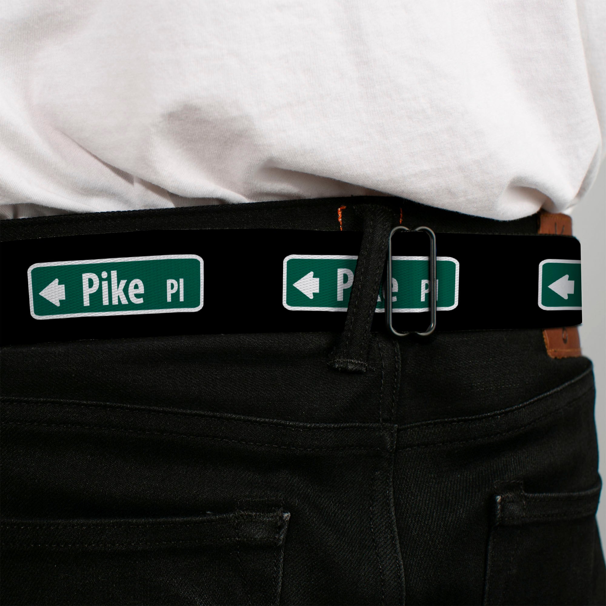 BD Wings Logo CLOSE-UP Black/Silver Seatbelt Belt - PIKE PLACE Direction Sign Black/White/Green Webbing Seatbelt Belts Buckle-Down