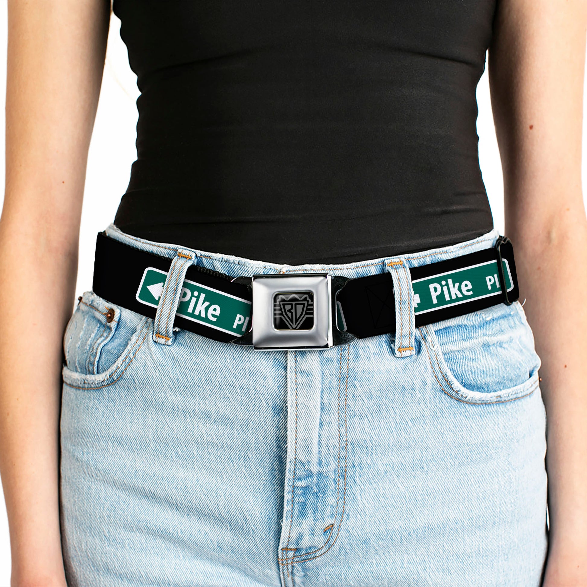 BD Wings Logo CLOSE-UP Black/Silver Seatbelt Belt - PIKE PLACE Direction Sign Black/White/Green Webbing Seatbelt Belts Buckle-Down