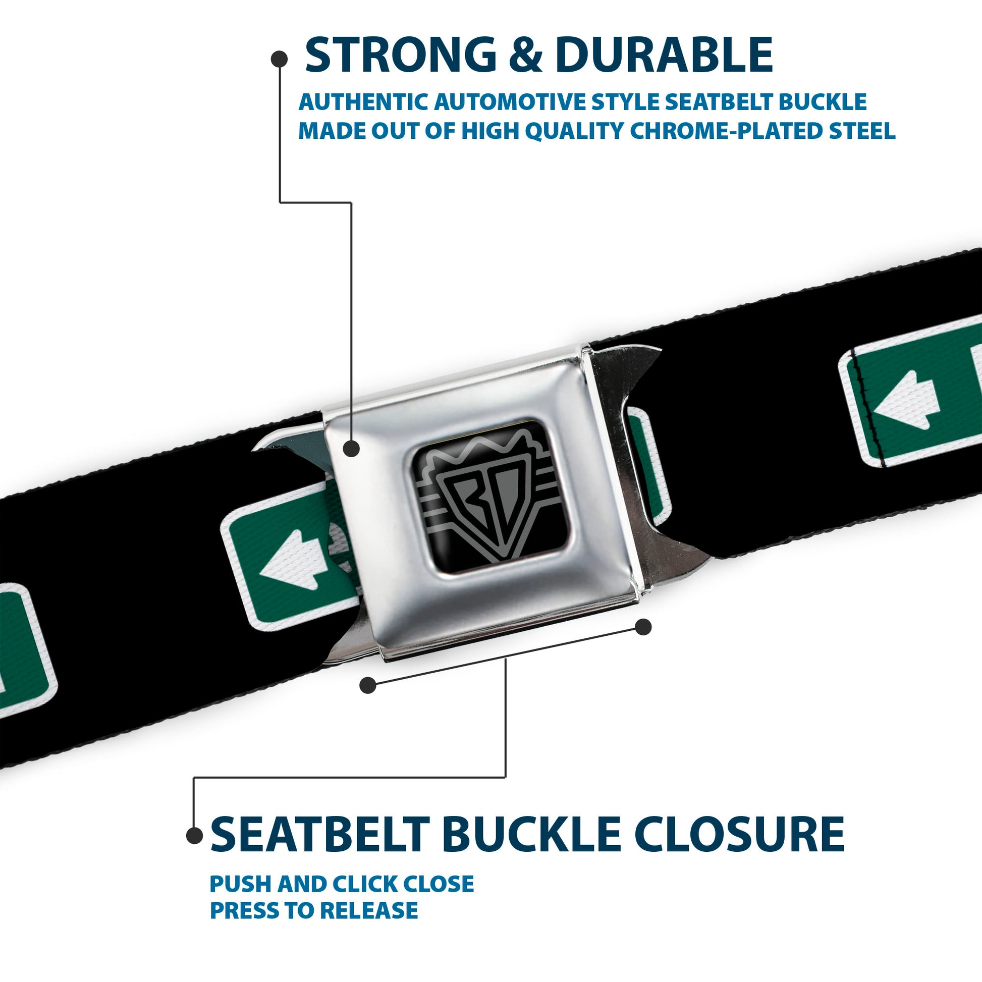 BD Wings Logo CLOSE-UP Black/Silver Seatbelt Belt - PIKE PLACE Direction Sign Black/White/Green Webbing Seatbelt Belts Buckle-Down