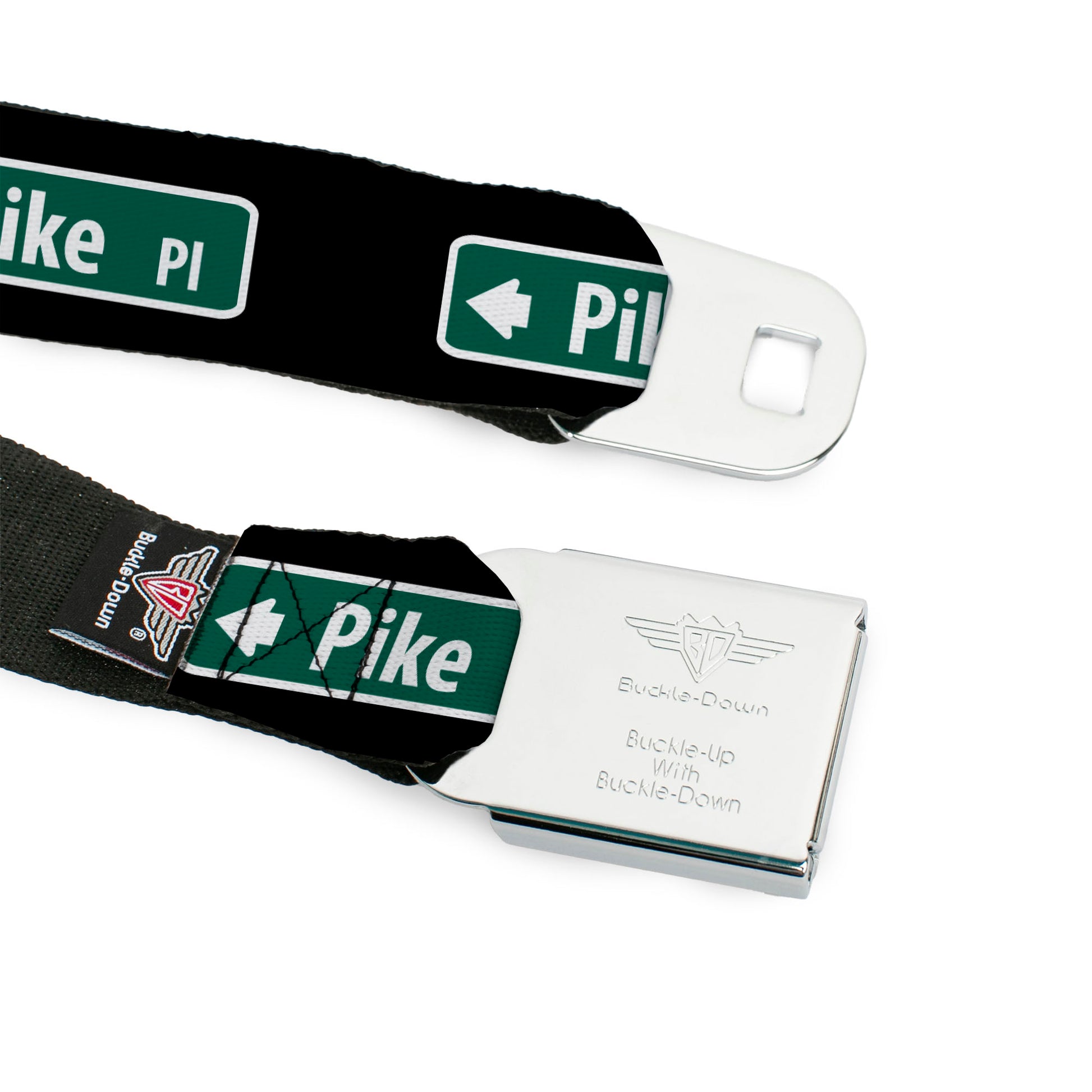 BD Wings Logo CLOSE-UP Black/Silver Seatbelt Belt - PIKE PLACE Direction Sign Black/White/Green Webbing Seatbelt Belts Buckle-Down