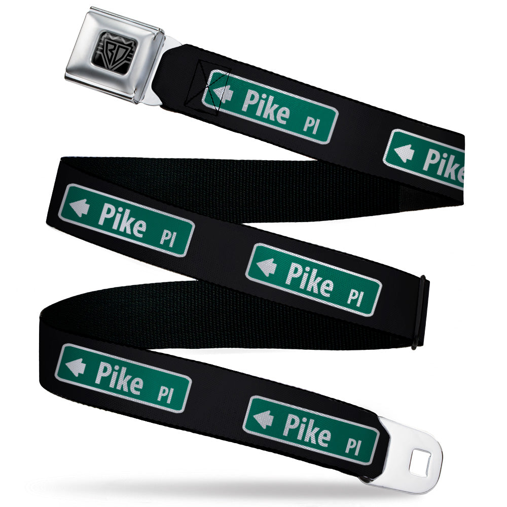 BD Wings Logo CLOSE-UP Black/Silver Seatbelt Belt - PIKE PLACE Direction Sign Black/White/Green Webbing Seatbelt Belts Buckle-Down