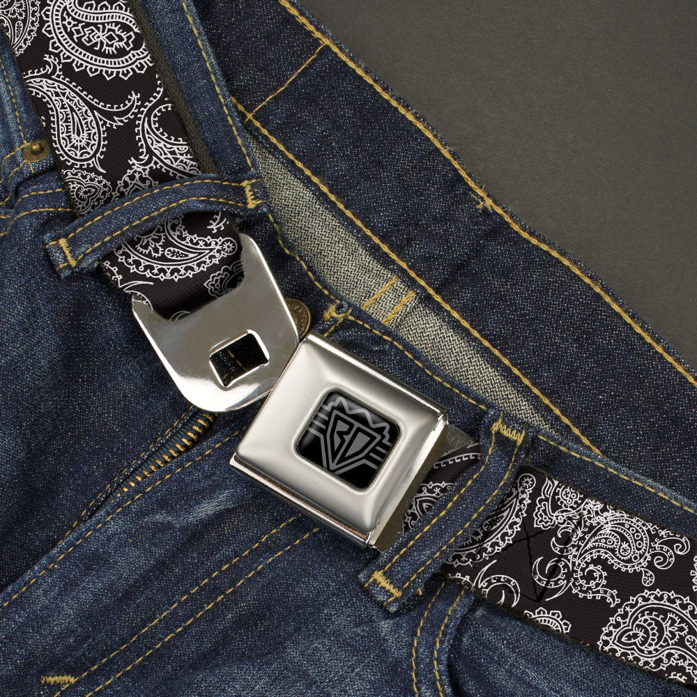 BD Wings Logo CLOSE-UP Black/Silver Seatbelt Belt - Paisley Black/White Webbing Seatbelt Belts Buckle-Down