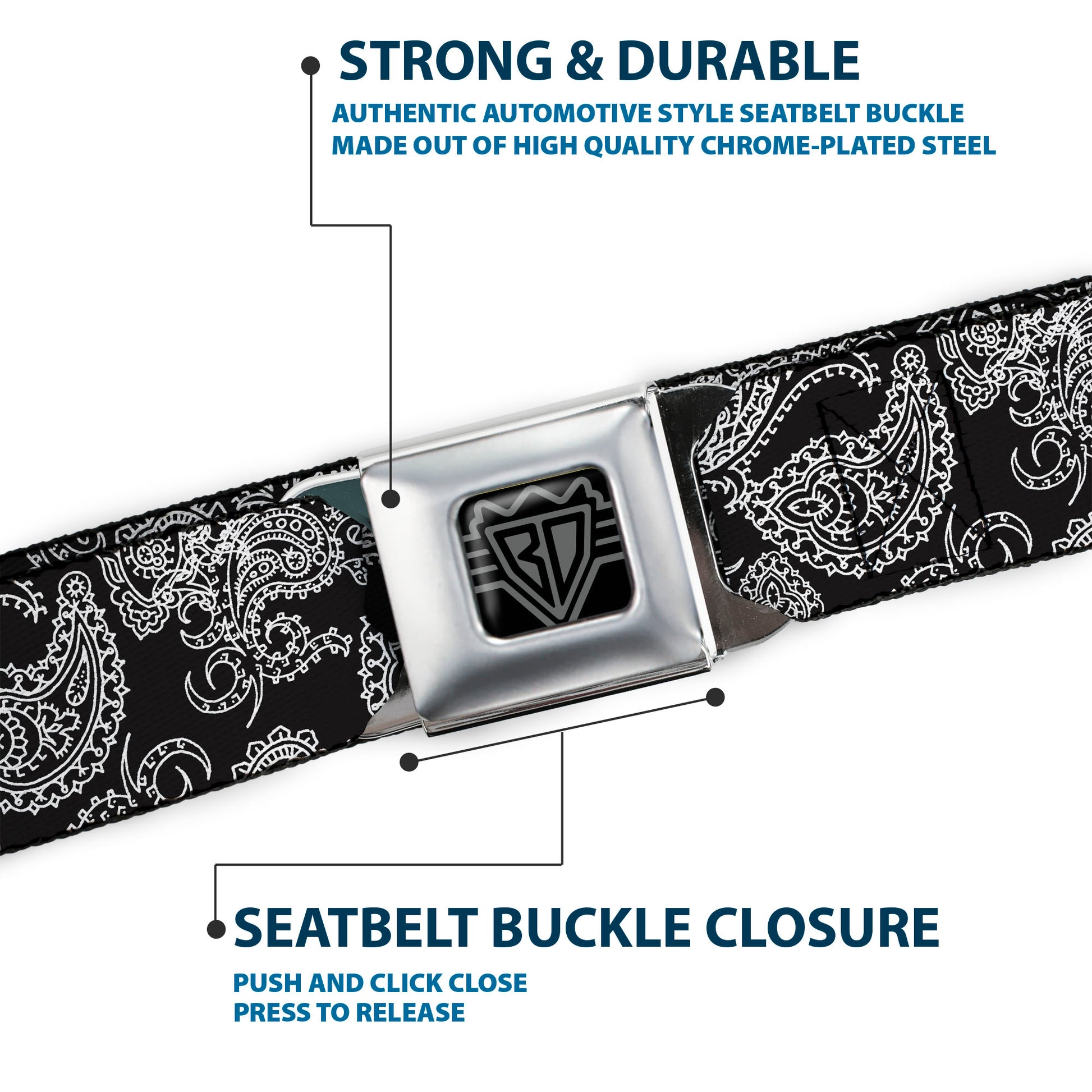BD Wings Logo CLOSE-UP Black/Silver Seatbelt Belt - Paisley Black/White Webbing Seatbelt Belts Buckle-Down