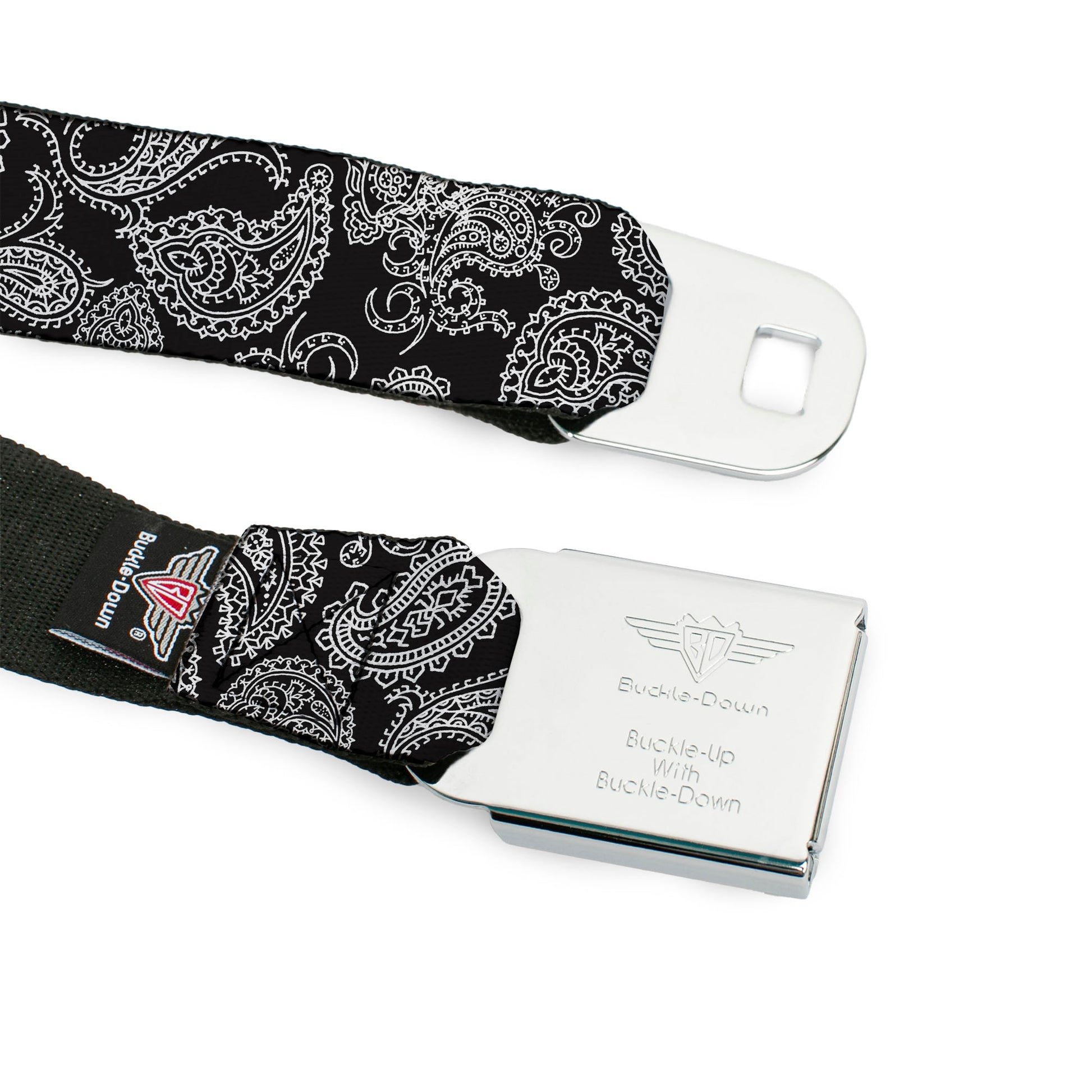 BD Wings Logo CLOSE-UP Black/Silver Seatbelt Belt - Paisley Black/White Webbing Seatbelt Belts Buckle-Down